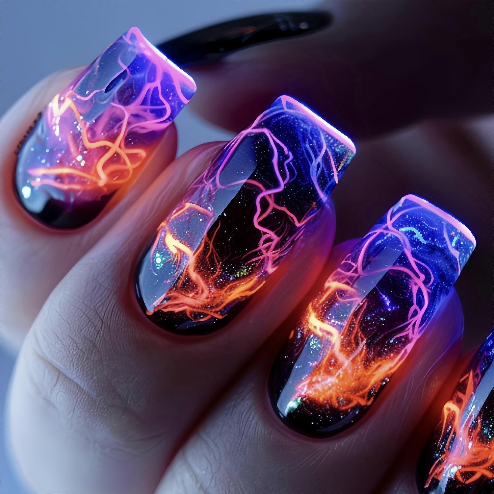 2026 New style 24pcs/set Medium Square fake nails Gradient Aurora flame Lightning stripes starry sky