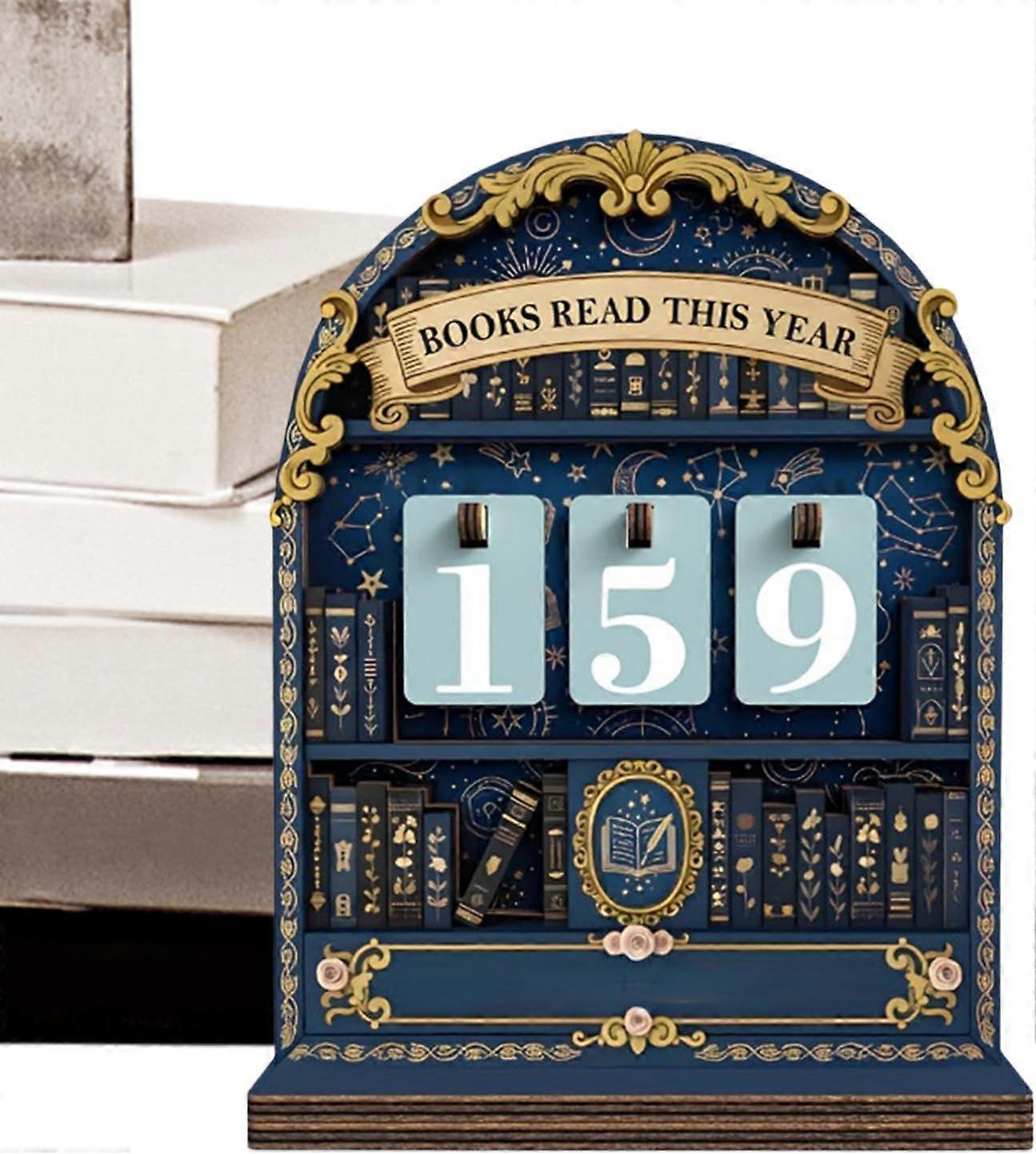 Tableau de suivi de lecture, compteur de livres lus cette année (16 x 11 cm), en bois, décoration moderne pour étagère ou bureau.