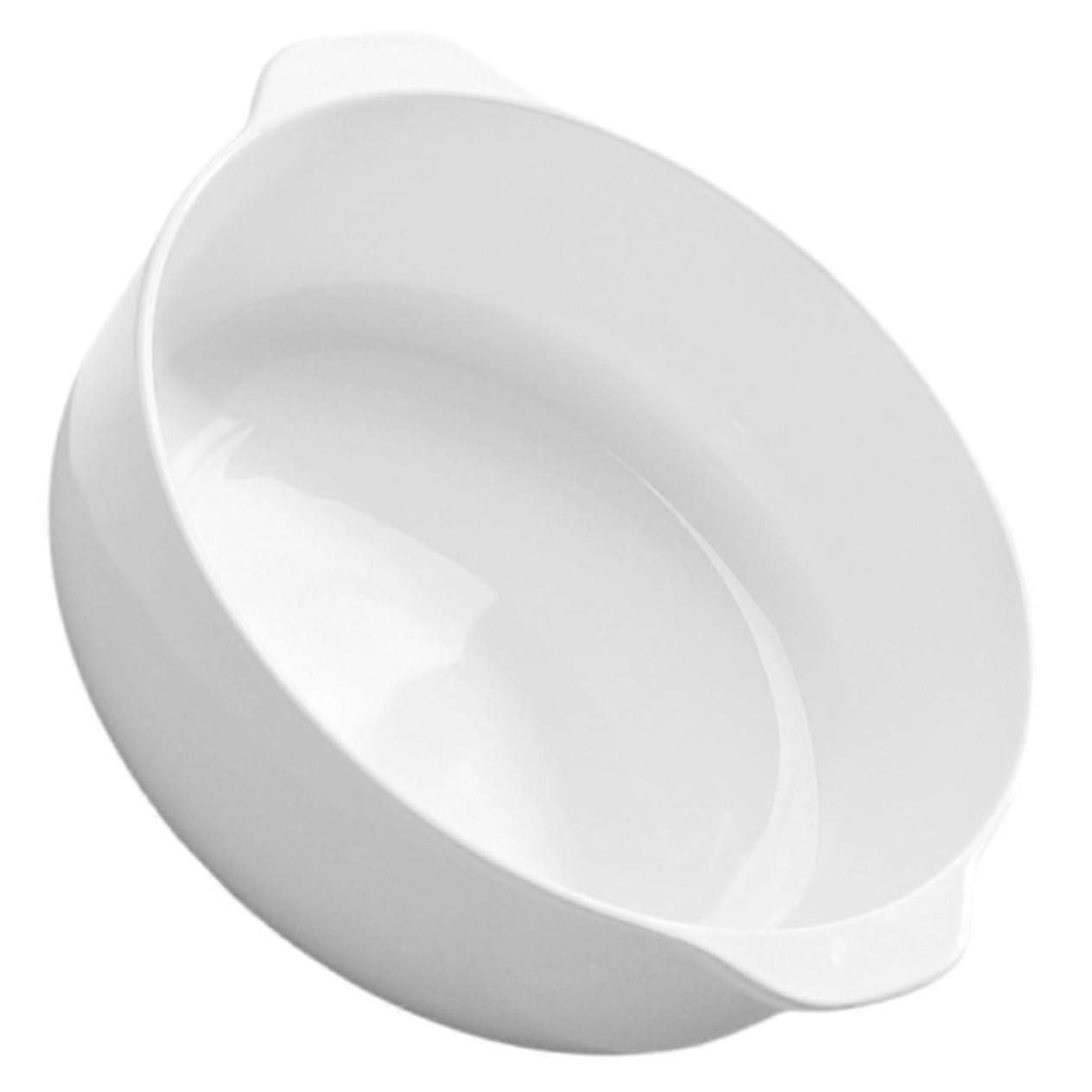 Ceramic Baking Dish with Handles, Round White, Oven Microwave Safe, Dishwasher Friendly, Durable