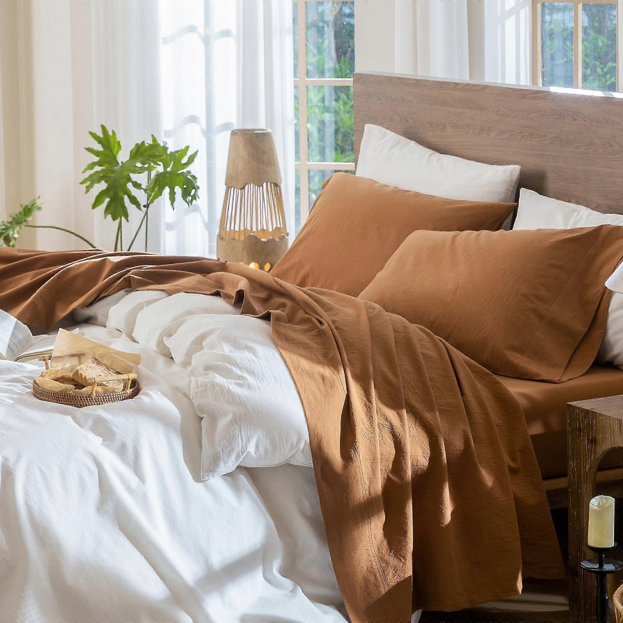 Split King Sheet Set Solid Dark Orange Breathable LinenLike Texture Durable Washed Cotton Bedding