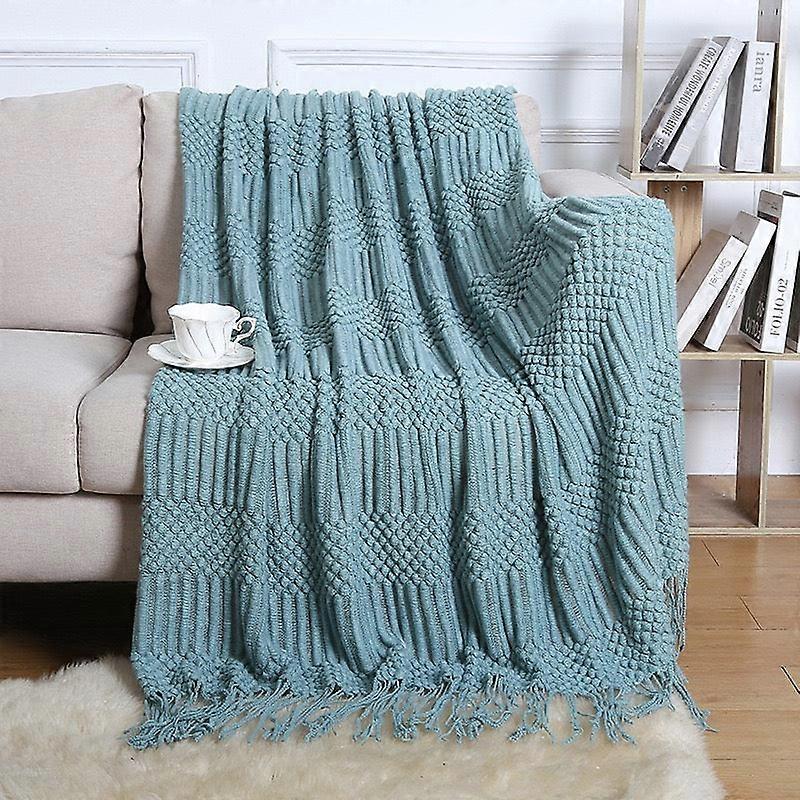 Textured Throw Blanket Solid Soft For Sofa Couch Decorative Knitted Blanket, Lake Green