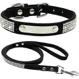 Coleira de Cachorro com Strass com Chapa de Ferro Inoxidável pode ser Gravada, Coleira para Cães e Gatos + Corda de Tração com Strass, Coleira para Animais de Estimação para Pequenas e Médias Dimensões