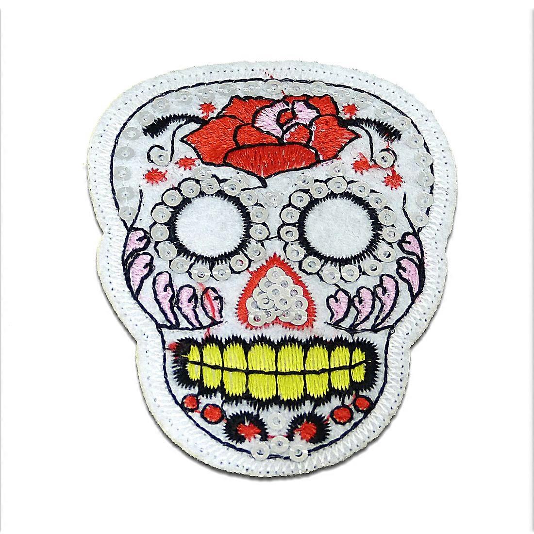 Patch / iron-on patch - Skull rose with sequins - white/red - 7,5x5,9cm - patch