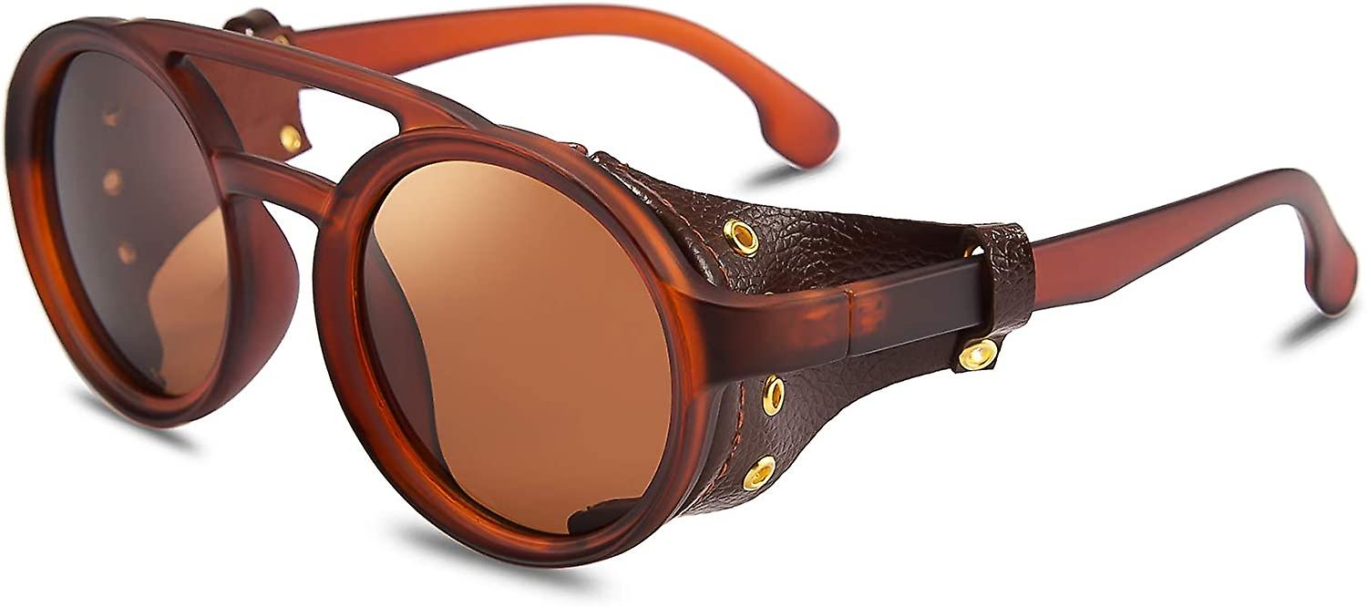 레트로 라운드 스팀펑크 선글라스 여성 남성 빈티지 안경 가벼운 플라스틱 프레임 가죽 B2532