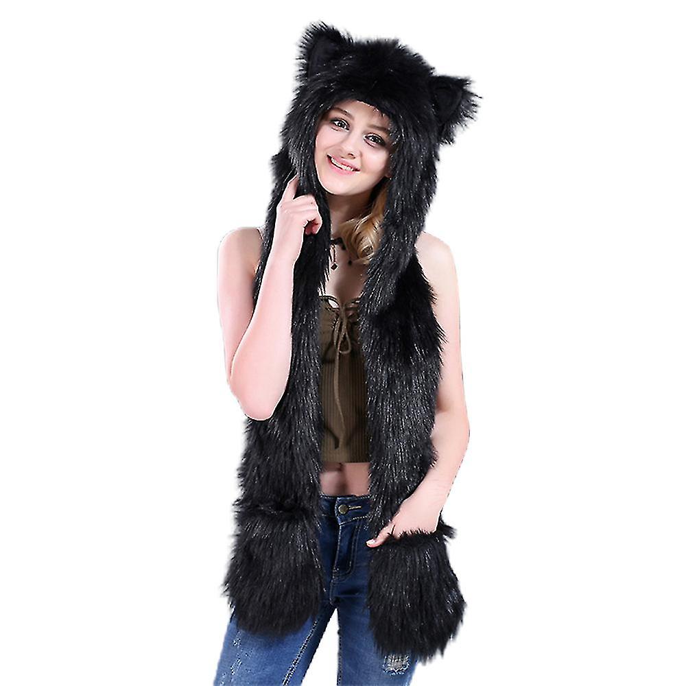 Women Winter Warm Faux Fur 3-in-1 Animals Hat Scarf Gloves Mittens