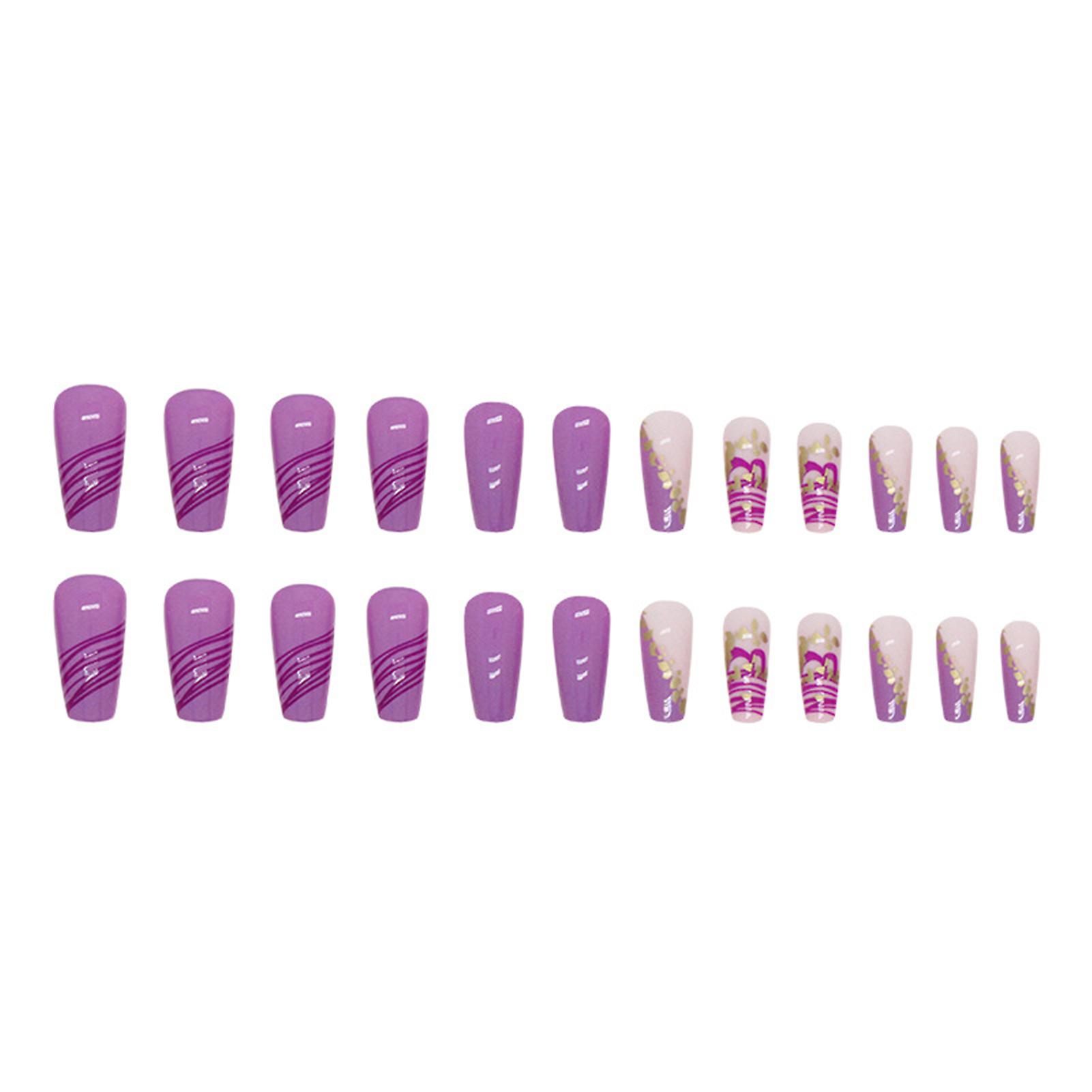 Purple Lines Square Fake Nails Charming Comfortable Wearing Nails For Daily Everyday Wearing