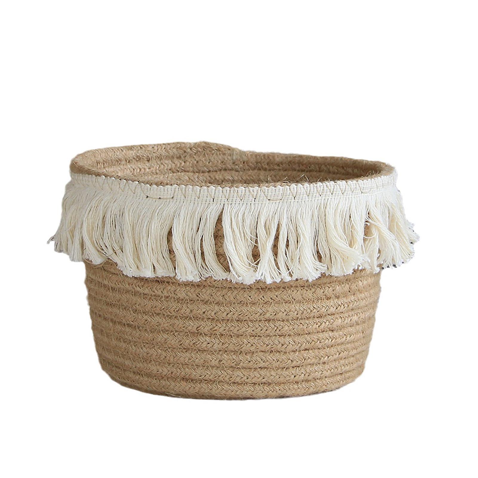 Jute Rope Decorative Hamper Elegant Lace Tassel Edge Storage Basket For Shelves And Coffee Table