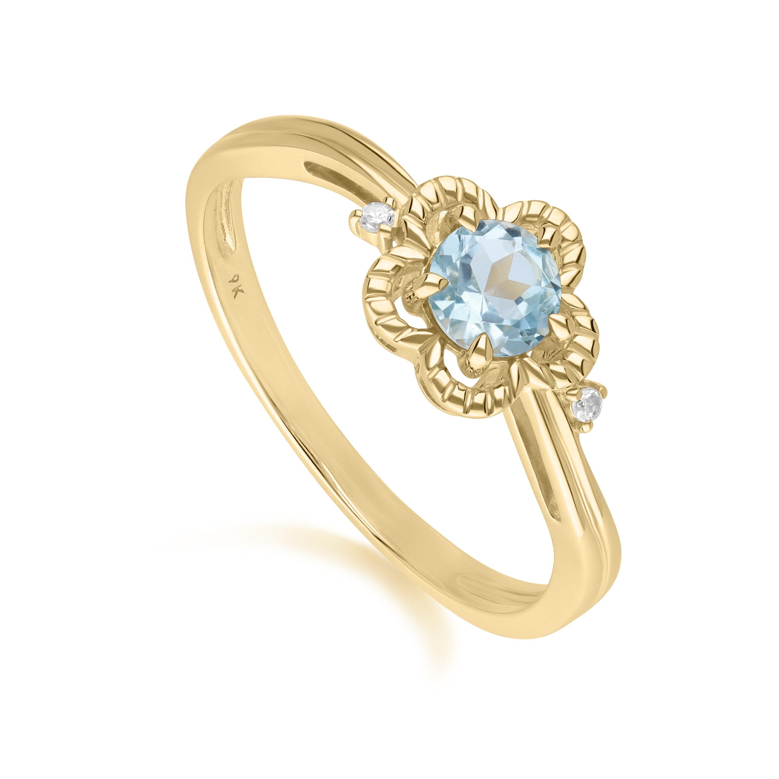 Bague Fleurie Ronde Bleue & Diamant en Or Jaune 9ct