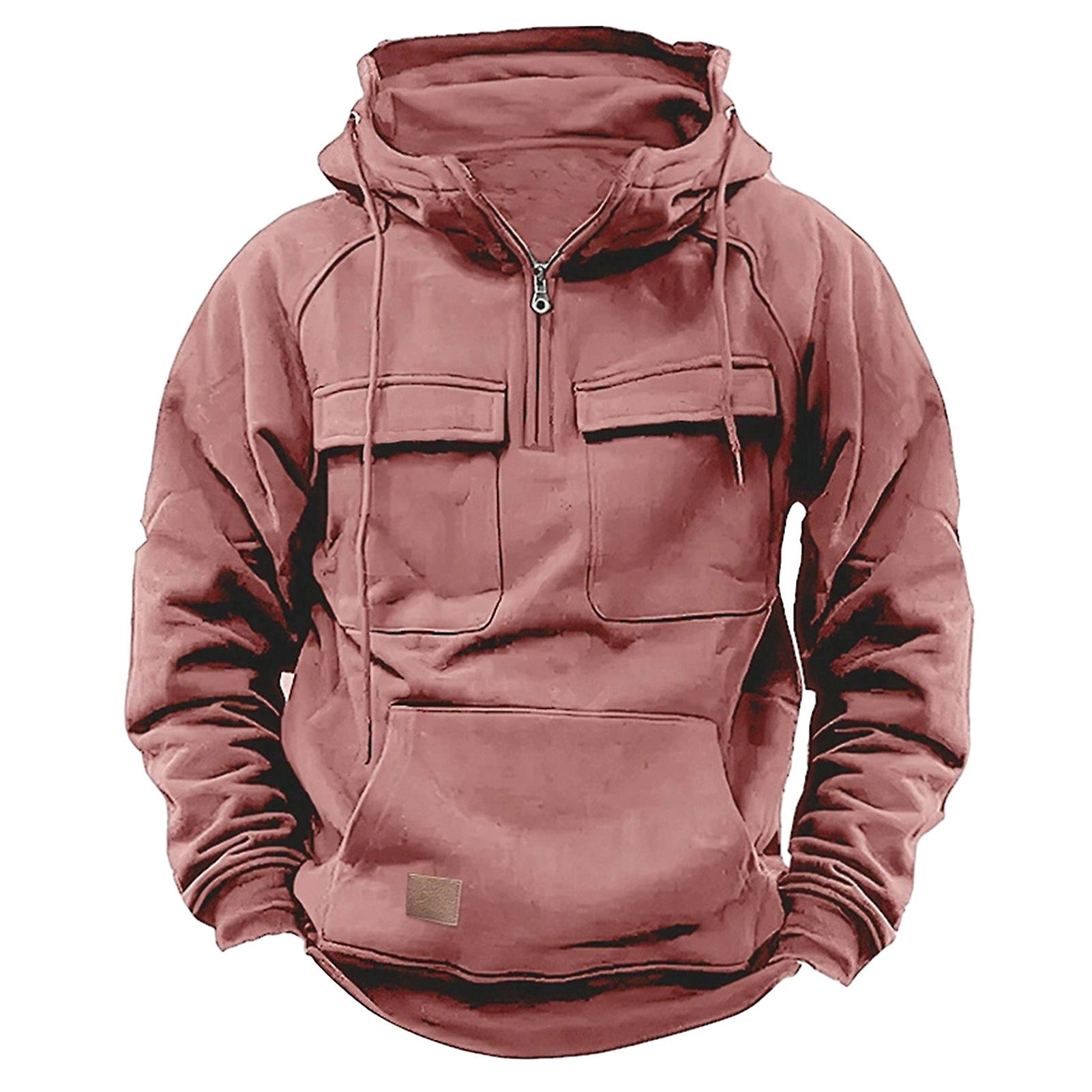 Men Fall Winter Hoodie Drawstring Solid Color Loose Pockets Long Sleeve Big Patch Pocket Half Zipper Elastic Cuff Men Pullover Top