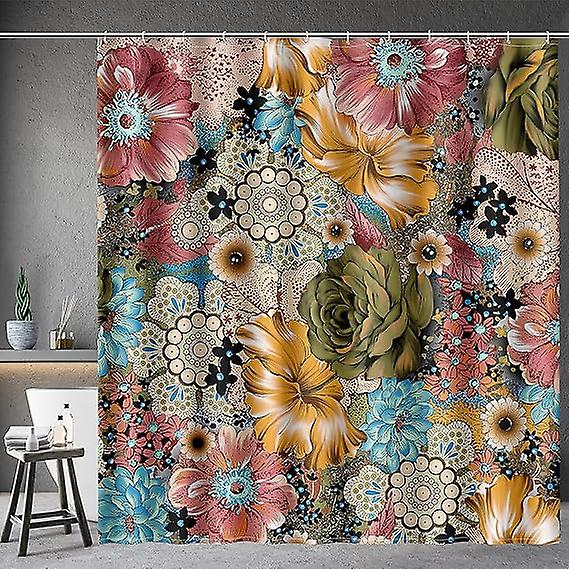 Boho blomsterbadeforhæng flerfarvede blomster trykt Boheme etnisk stil bruseforhæng sæt med 12 kroge til badeværelse indretning 72"72"
