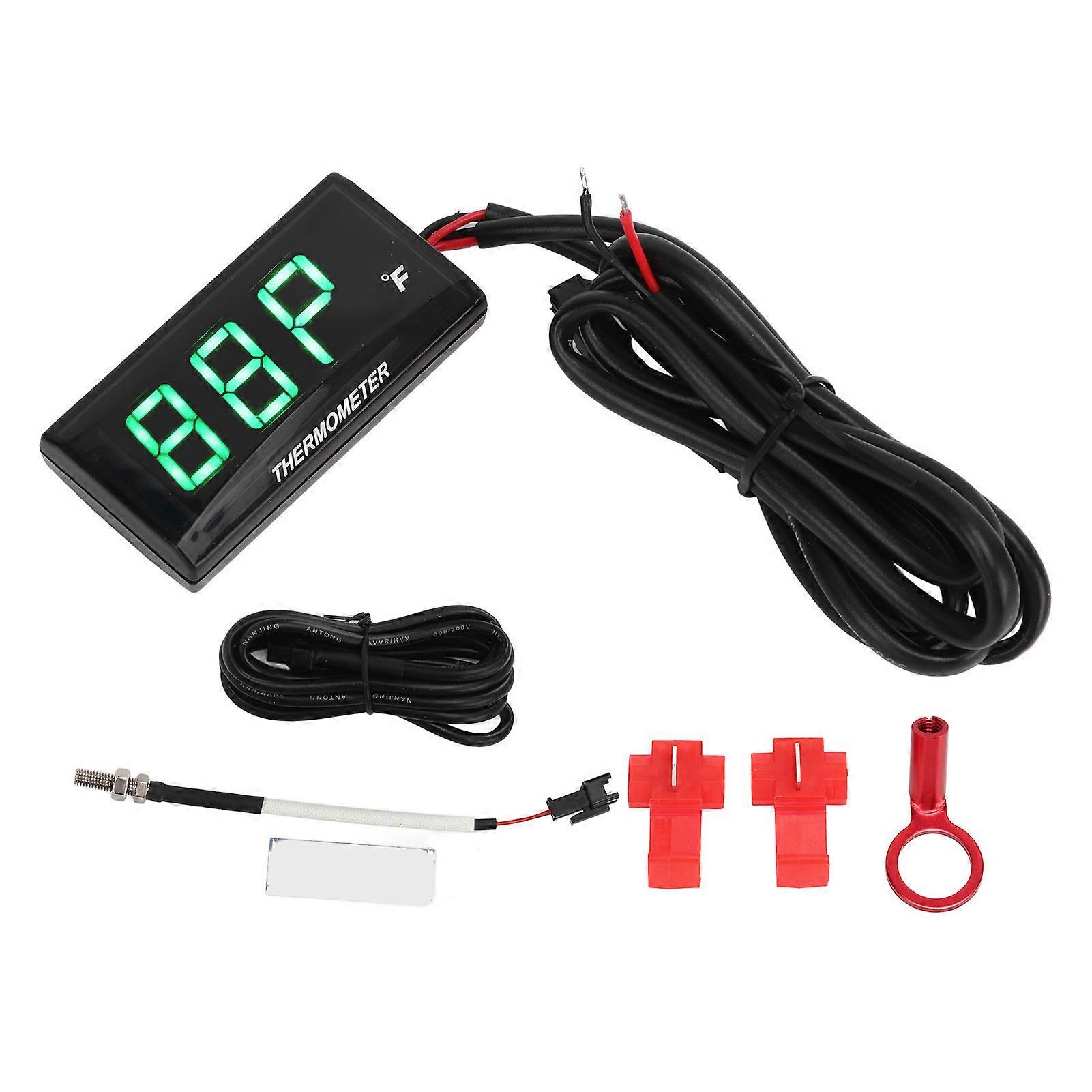 LCD Motorcycle Thermometer Ultra Thin Waterproof Water Temp Meter with 10MM Sparking Plug Adapter DC12V Green