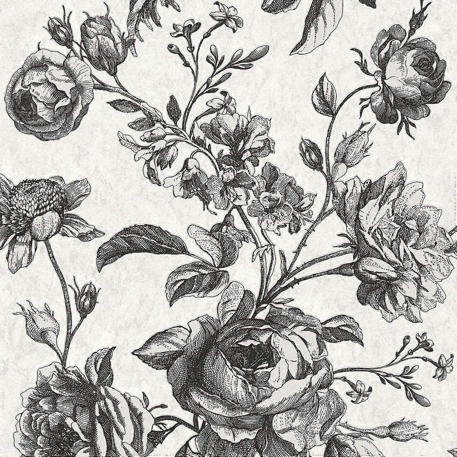 Blumen Tapete Profhome 387002-GU Vliestapete leicht strukturiert à la Toile de Jouy glitzernd creme perl-weiß schwarz grau 5,33 m2