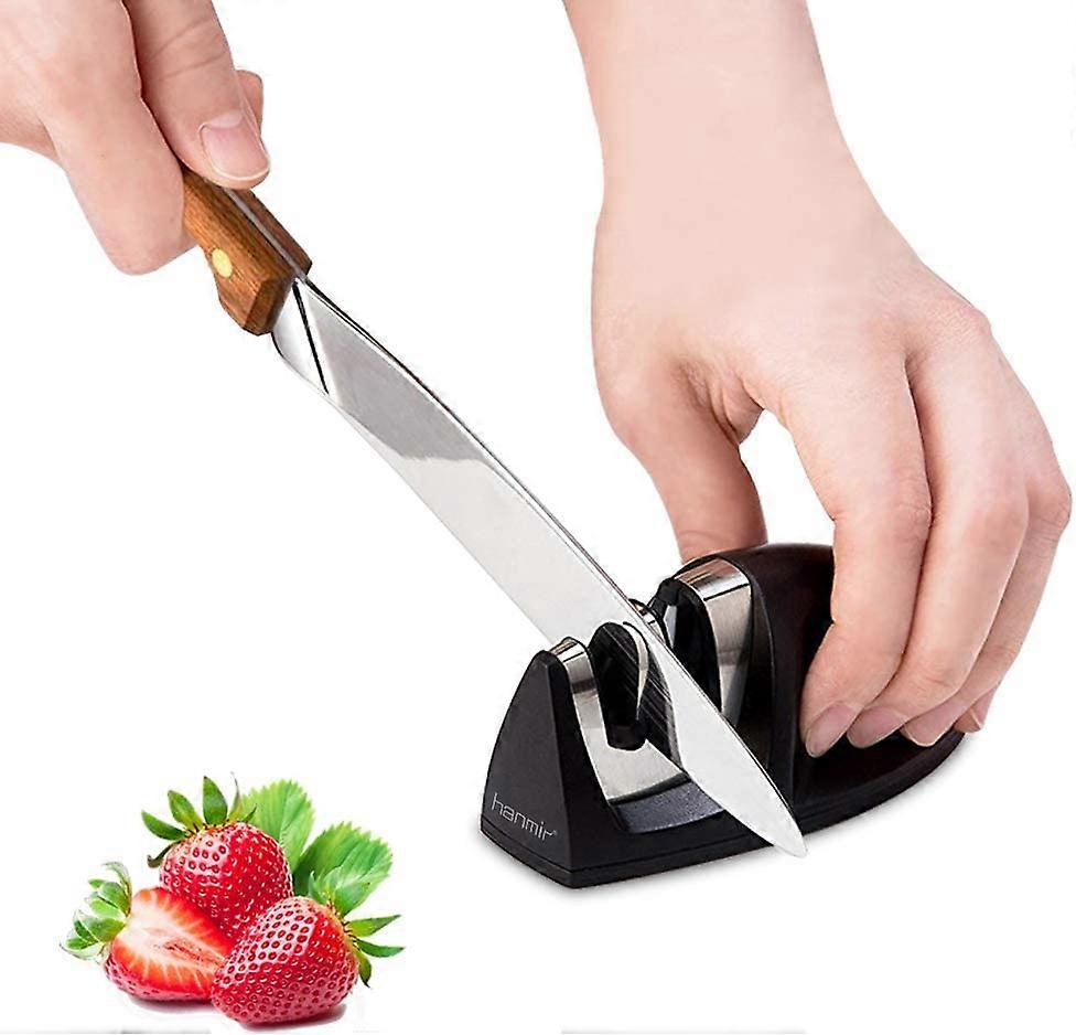 Professional Kitchen Knife Sharpener 2 In 1 Manual Sharpener For Stainless Steel And Ceramic Knives Of All Sizes, Black Non-Slip Base
