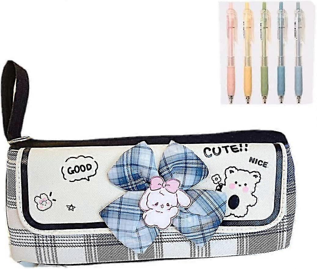 Bow Large-capacity Pencil Case, Is Japanese Stationery Box With Jk Preppy Style Multi-layer Plaid Storage Bag (black+5 Pens)