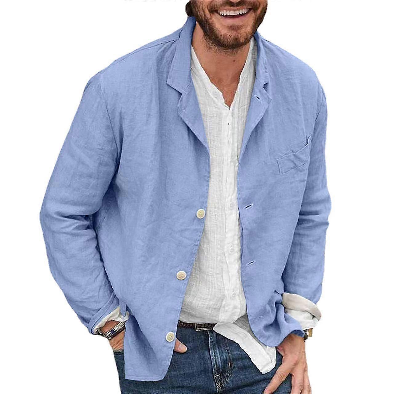 Mens Cotton Linen Casual Suit Coat Lapel Button-down Jacket