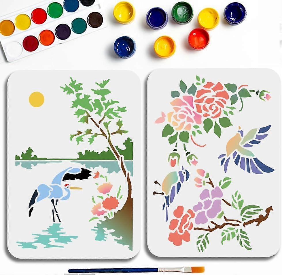 2pcs A4 Size Flowers Birds Stencil Lake Landscape Template 11.7x8.3inch Reusable Tree Plant Template Hummingbird Crane Animal Stencil for Painting on