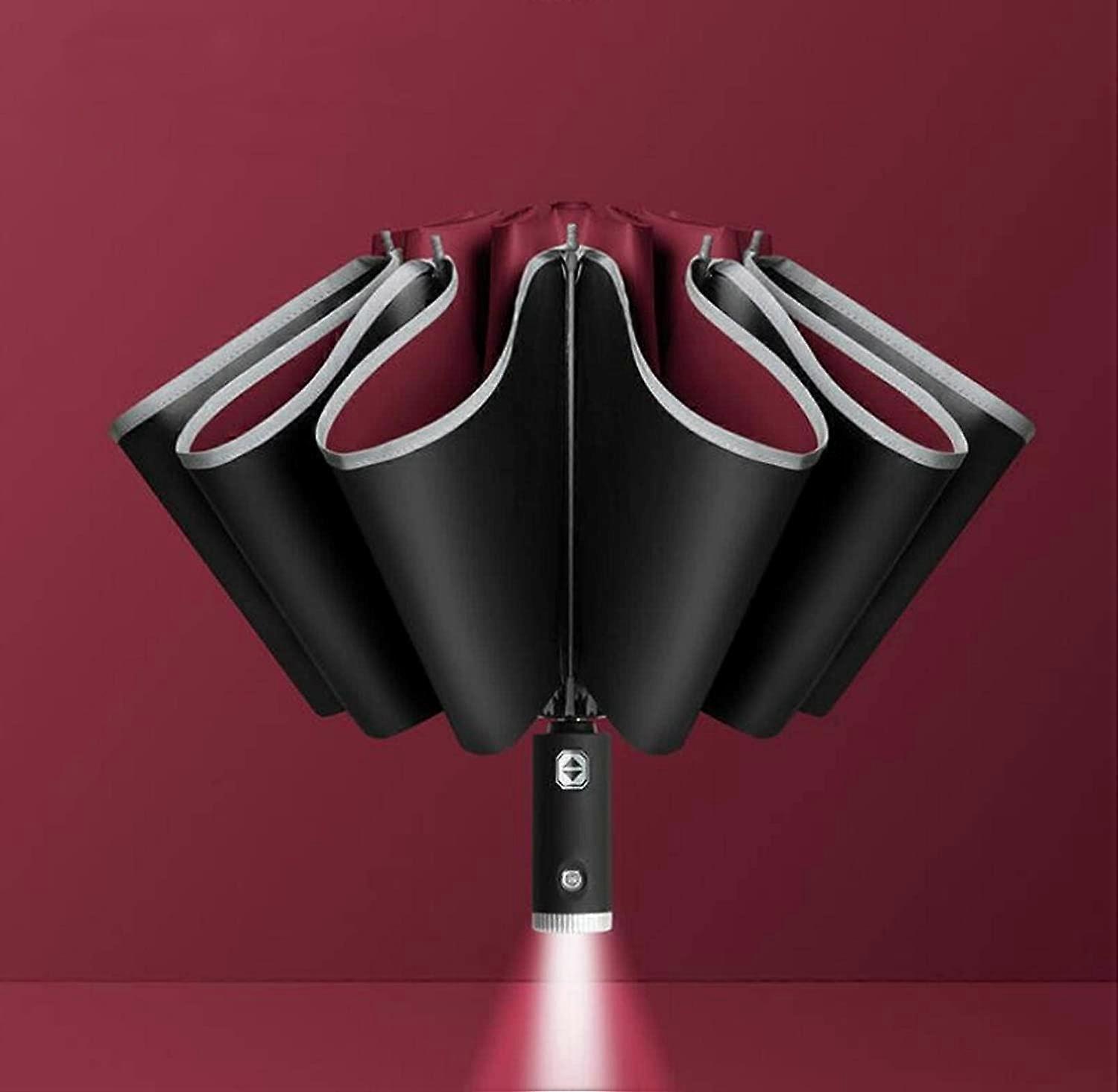 Automatic Opening and Closing Inverted Three-Fold Folding Umbrella Reflective Side with Flashlight