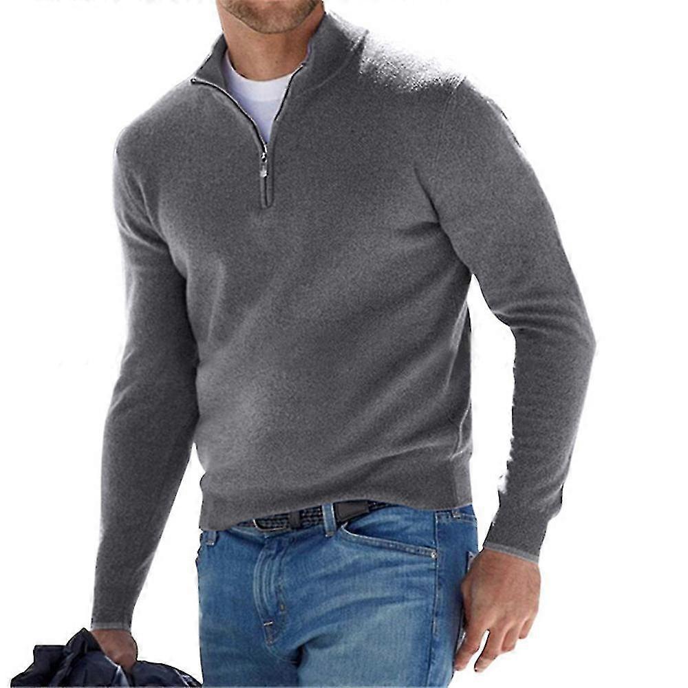 Mens Zip Stand Neck Solid Tops Casual Autumn Winter Long Sleeve Pullover