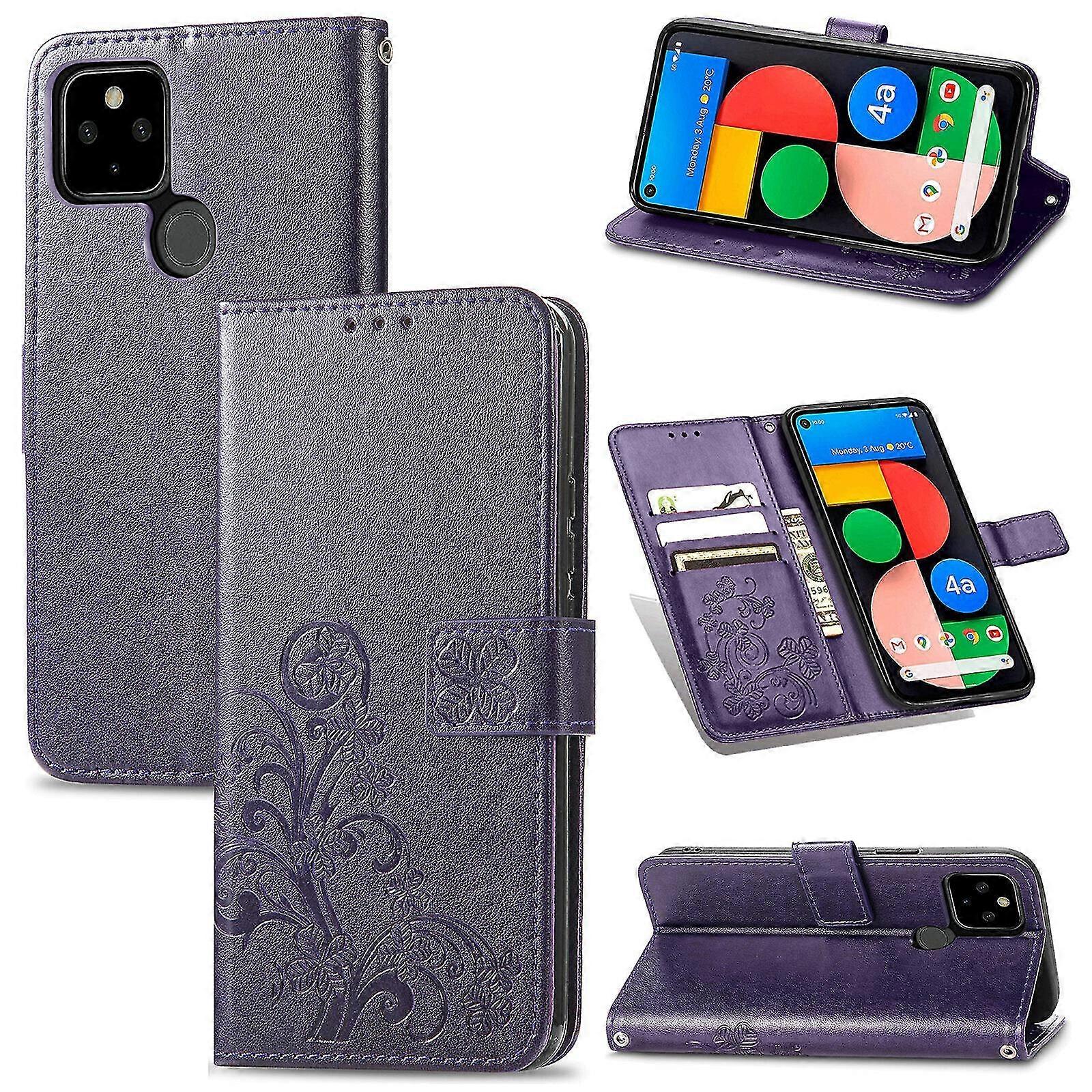 Case For Google Pixel 5a Cover Wallet Clover Embossed Protective Leather Phone Case Magnetic  - Violet