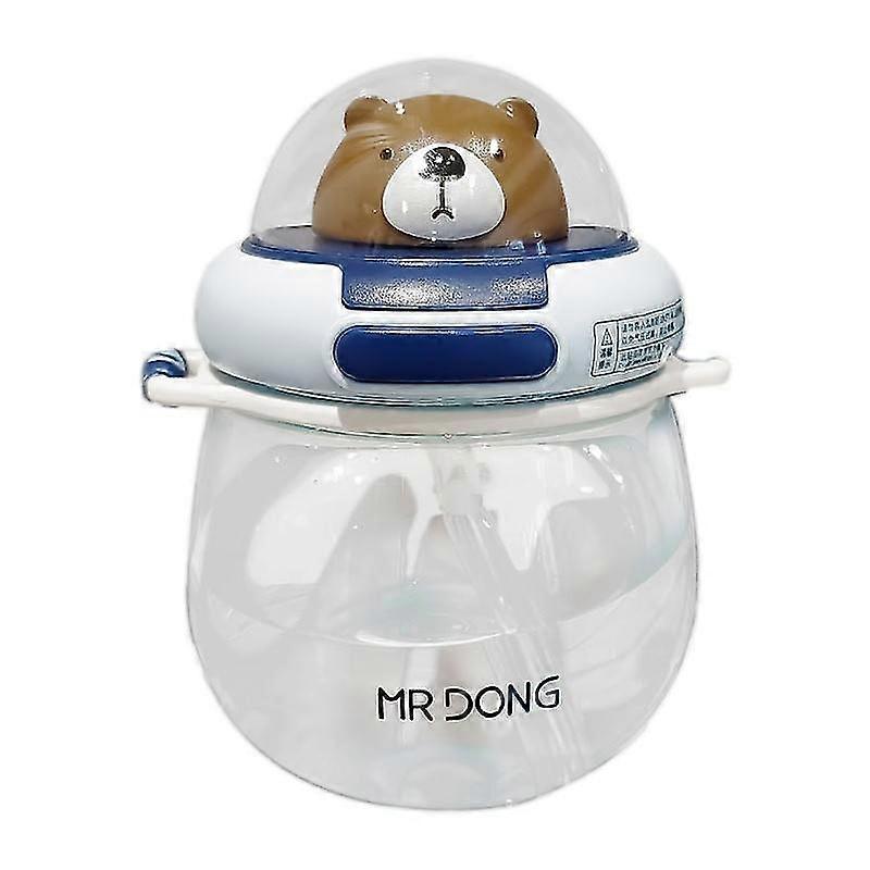 Cute Bear Straw Cup Plastic Water Cup Blue + Sticker 650ml