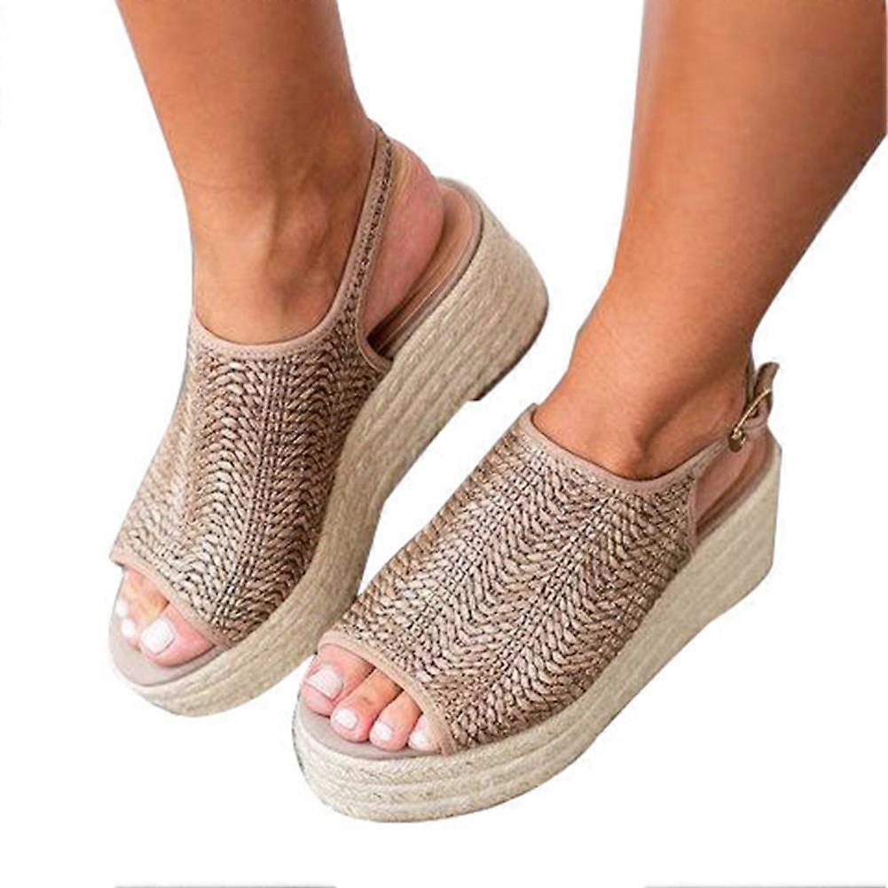 Sandálias de Salto Alto com Plataforma Peep-toe Tecidas para Mulheres com Fivela de Tornozelo (Marrom, 41)