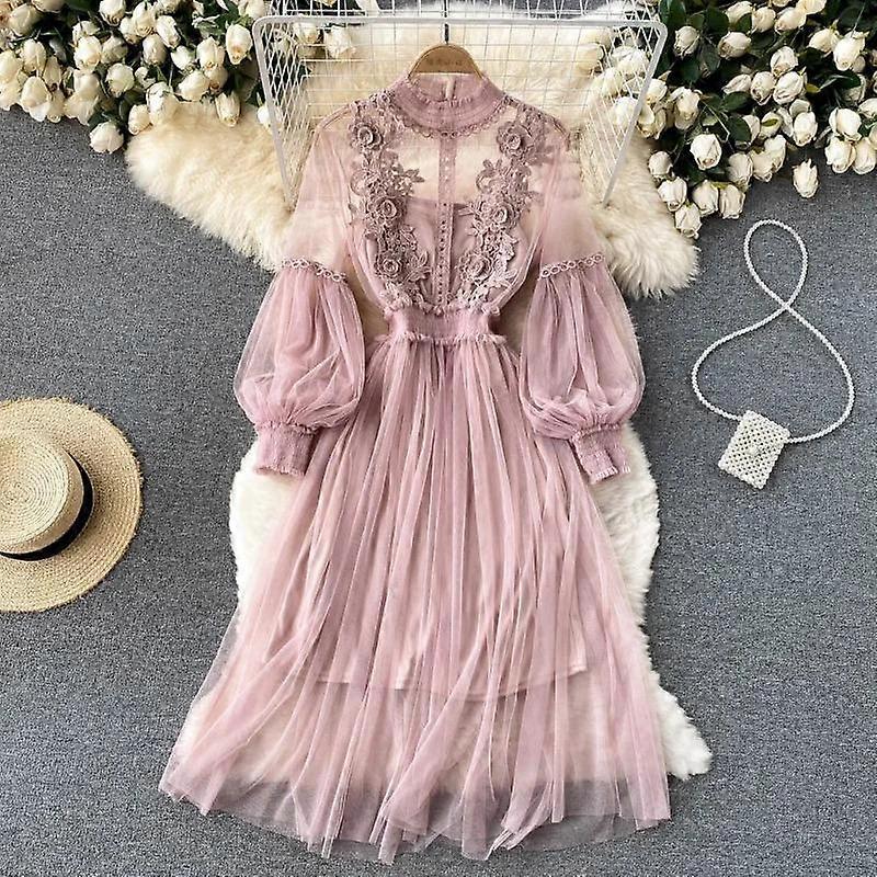 Ladies Dress Three dimensional Flower Hook Mesh Temperament Stand Collar Lantern Sleeve High Waist Slim Female Dresses