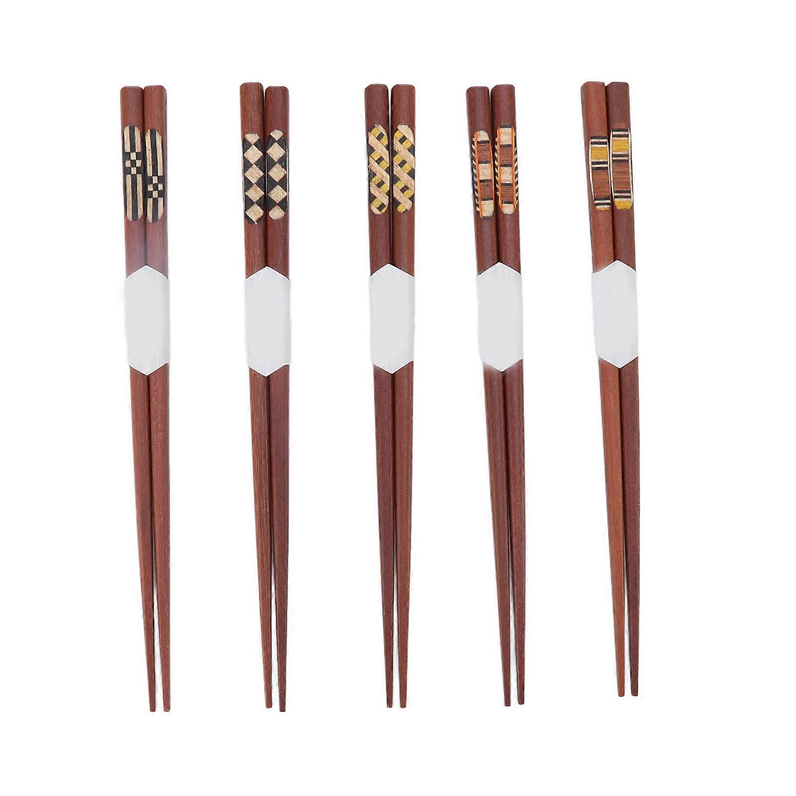 5 Pair Wooden Chopsticks Red Sandalwood Grooved Pattern Natural Reusable Chop Sticks