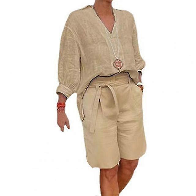 Damen Zweiteiler Set, V-Ausschnitt, lässig, lockeres Hemd mit halben Ärmeln und Shorts mit Taschengürtel