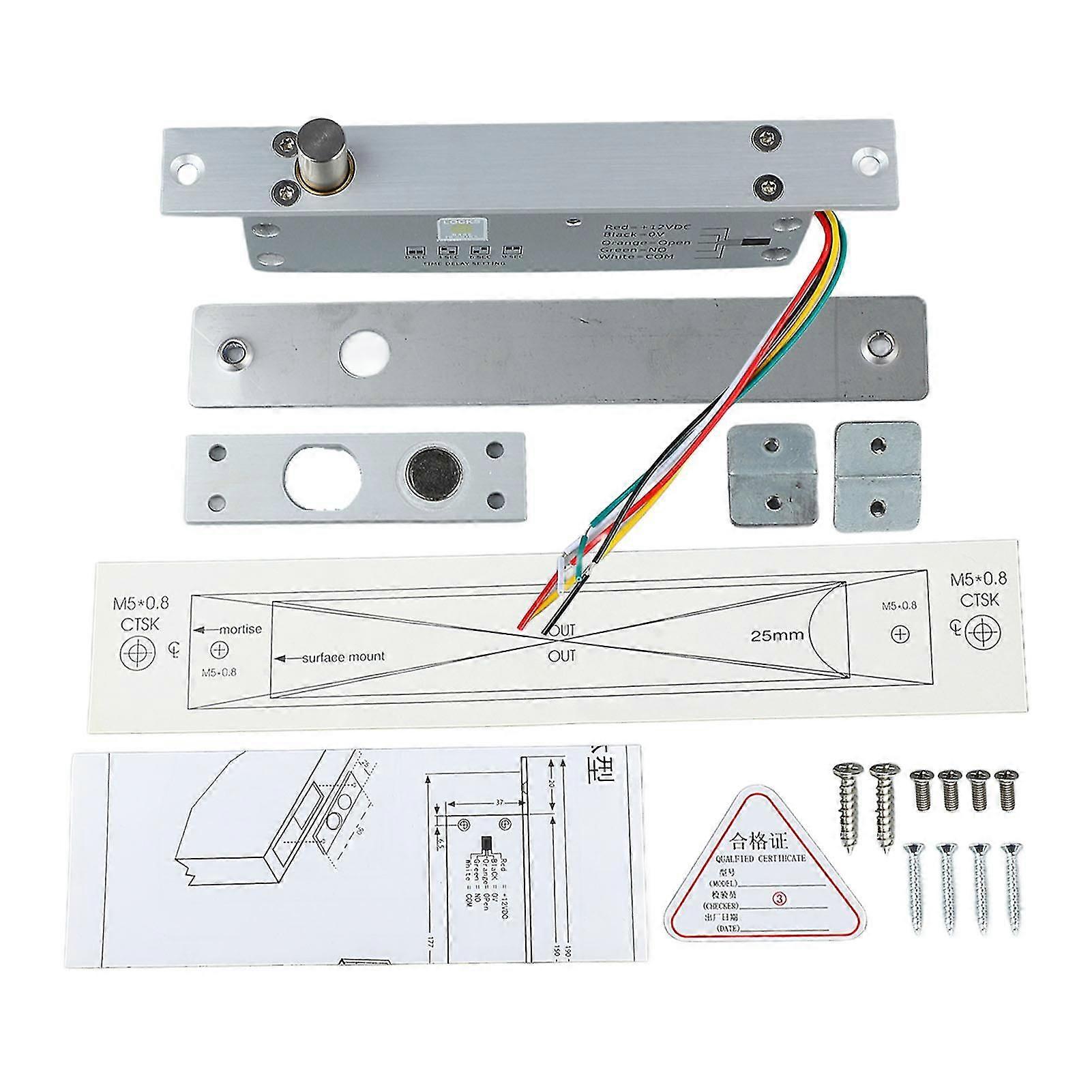 DC 12V 5 Lines Electric Bolt Lock Narrow Deadbolt Drop Bolt Door Lock with Time Delay LED Display for Door Entry Access Control Power Off