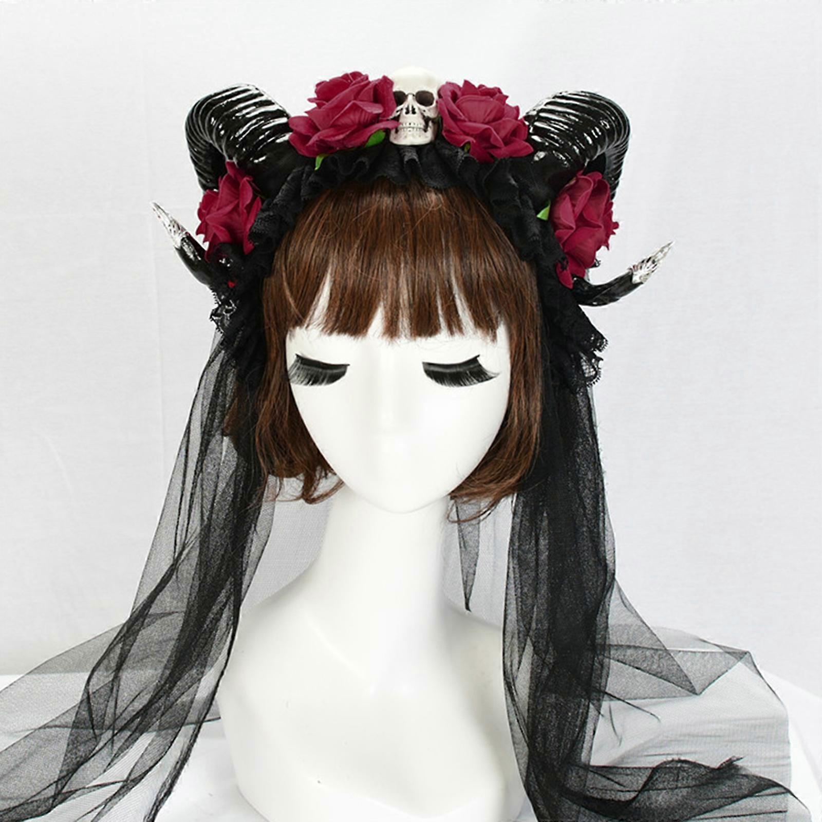 Flower Skull Veil Headband Cosplay Headwear for Halloween Party Wear Ox Horn Hair Band Carnival Headpiece Party Supplies Gold