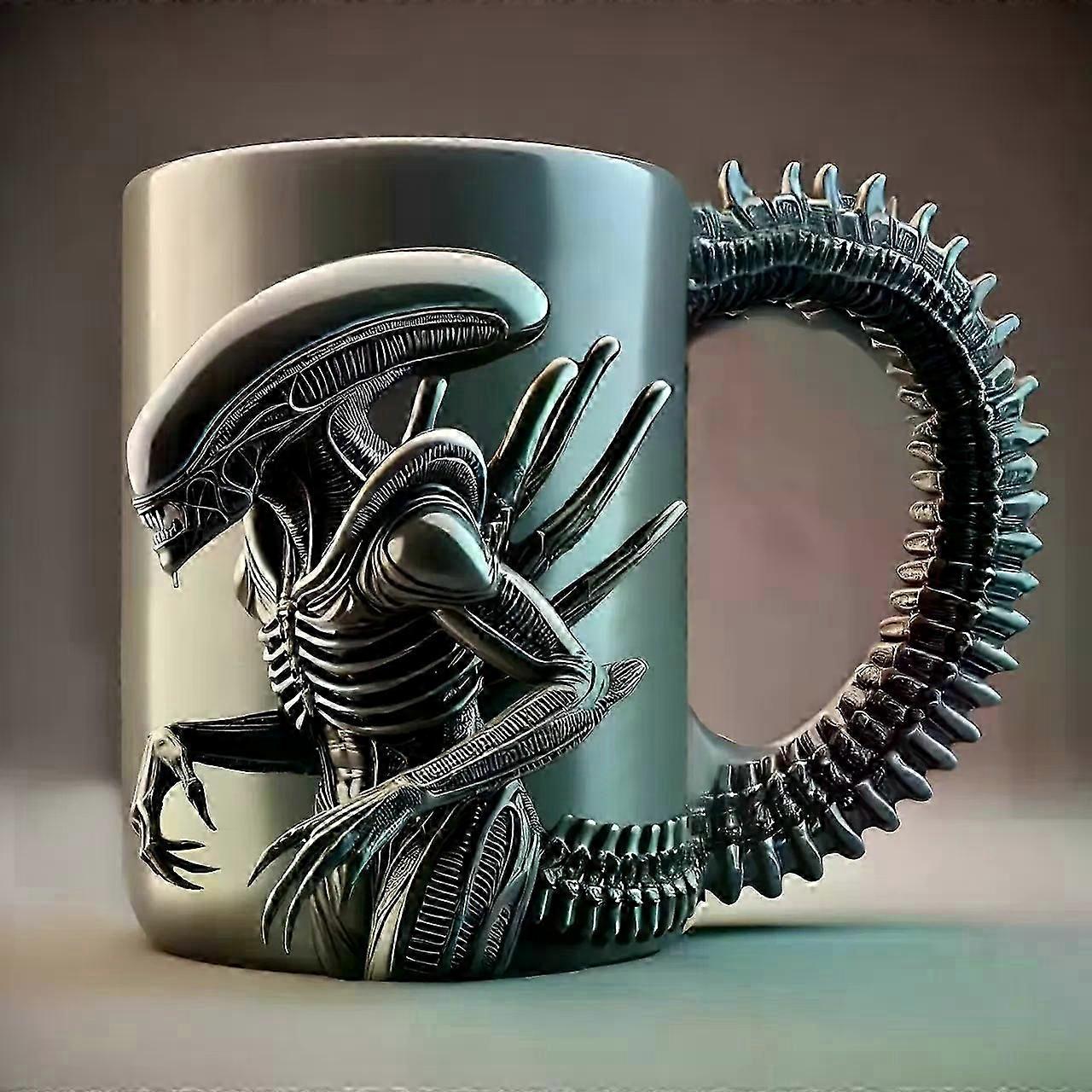 كوب Xenomorph جديد على شكل كوب نقل حراري مسطح 3D تأثير فنجان قهوة 500 مل