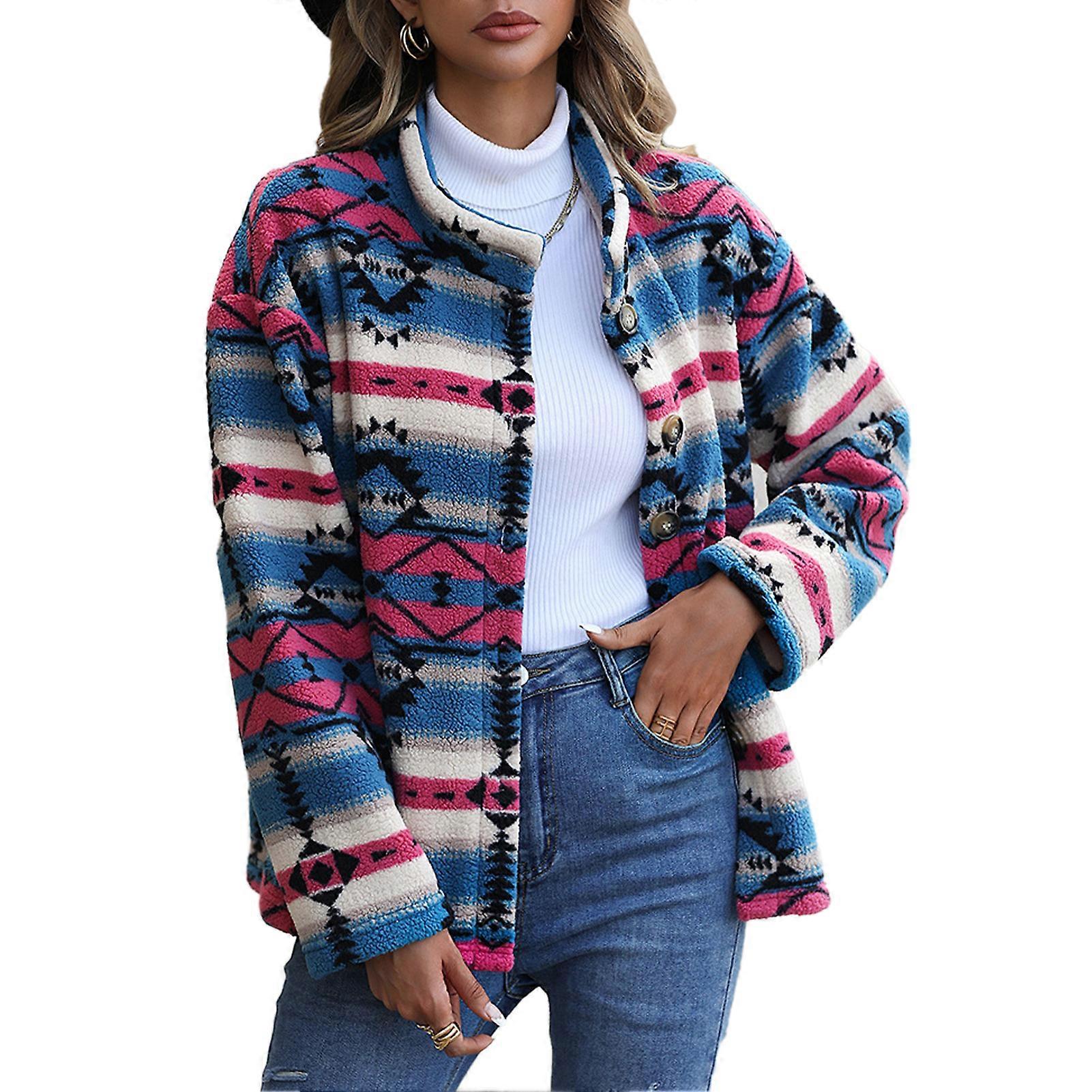Womens Aztec Shacket Jacket Geometric Patterns Long Sleeve Button Down Fleece Short Coat for Home Outdoor
