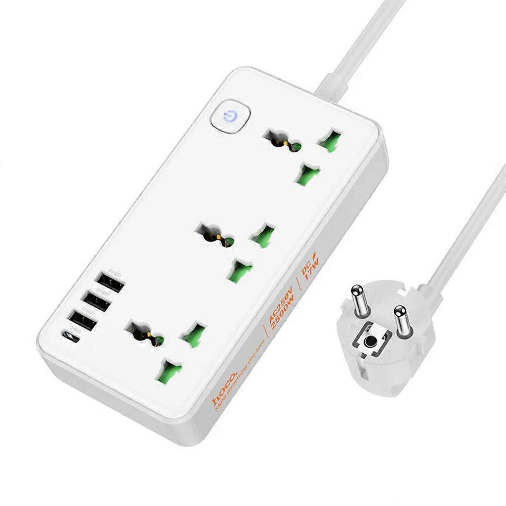 Multifunctional Eu Plug Power Strip With 3 Usb-a, 1 Usb-c, 3 Ac Outlets, 2500w, Black/white, 17w Max Output