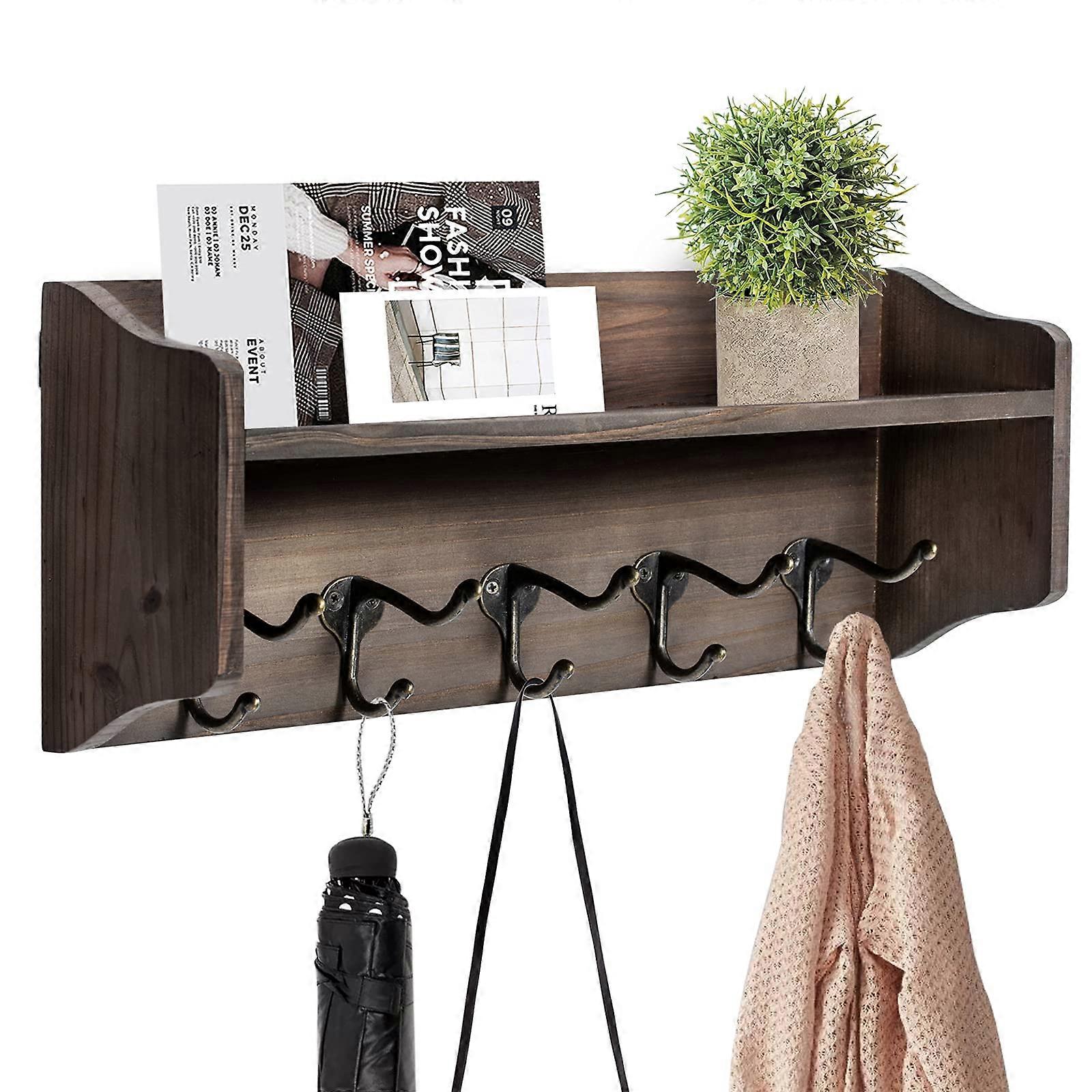 Shelf Wall Mounted With 5 Vintage Metal Hooks And Rustic Wooden Shelf For Entryway Storage And Organization