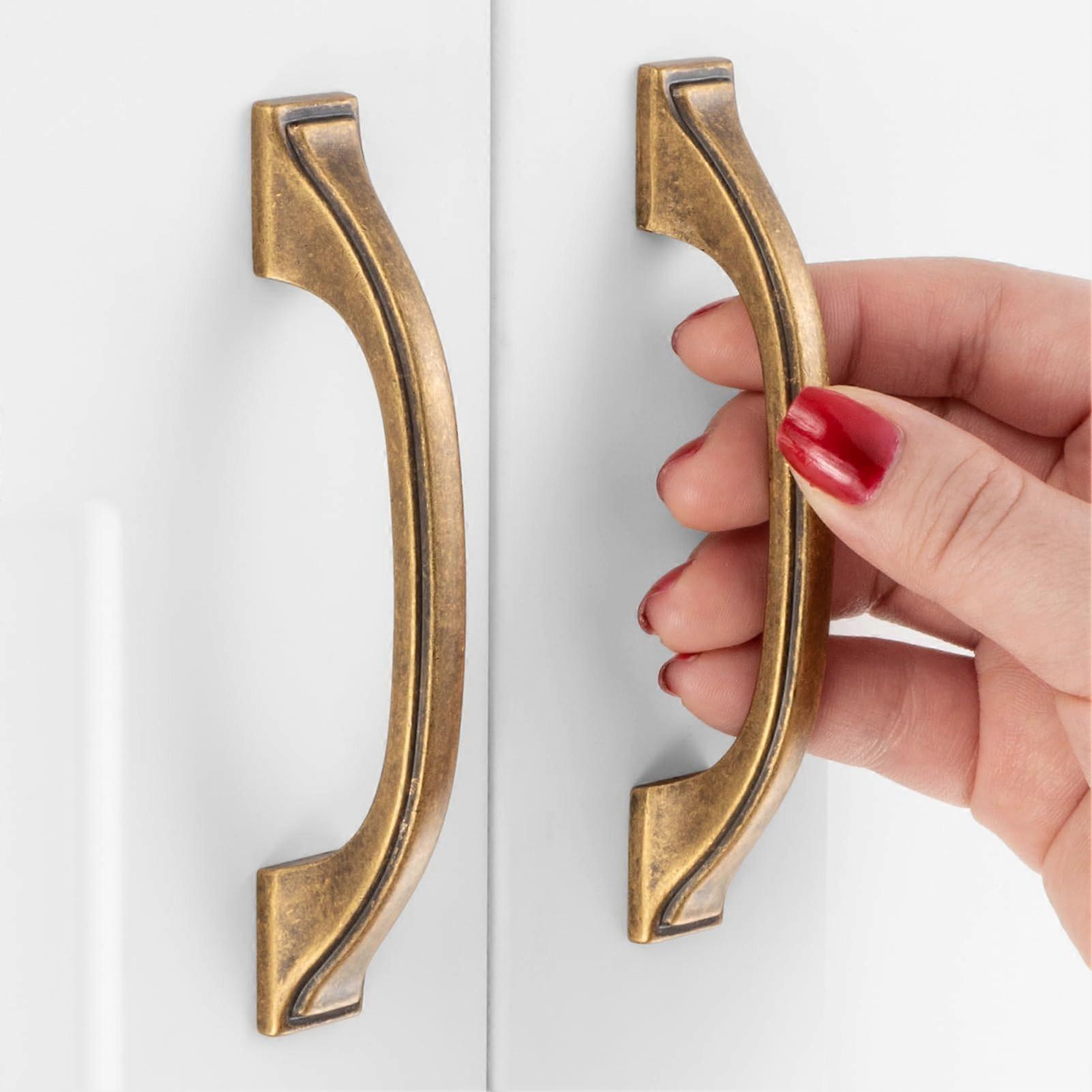 Antique Brass Cabinet Pulls 3-Inch Center Hole, Arched Kitchen Knobs ZP2409, 10 Pack