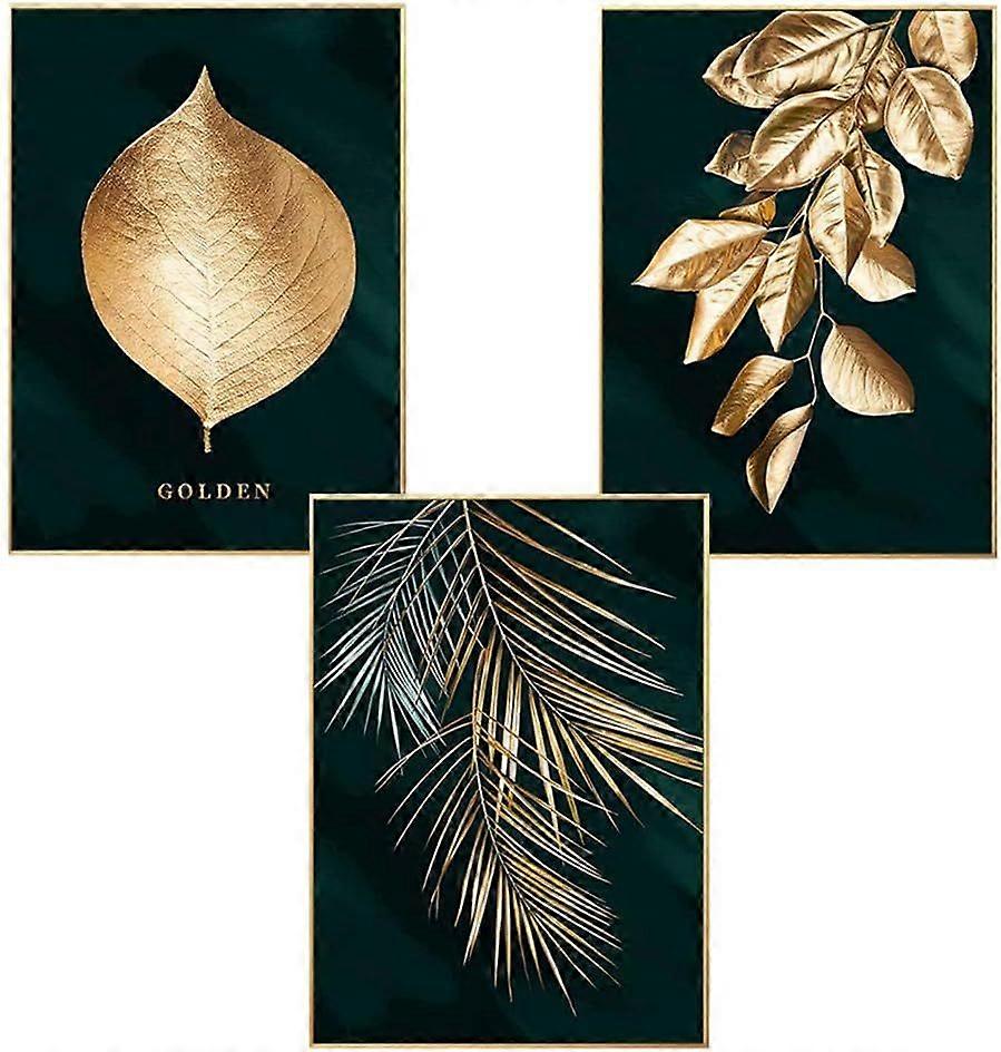 Set of 3 Design Wall Posters Forest Gold Leaf Palm Tree Frameless Wall Art Decor for Living Room