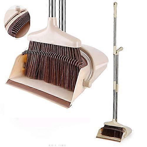 Broom and Dustpan Set Upright SelfCleaning Sweeping Standing Set Use for Office Kitchen Home and Lobby Broom and Dustpan Combo (Beige)