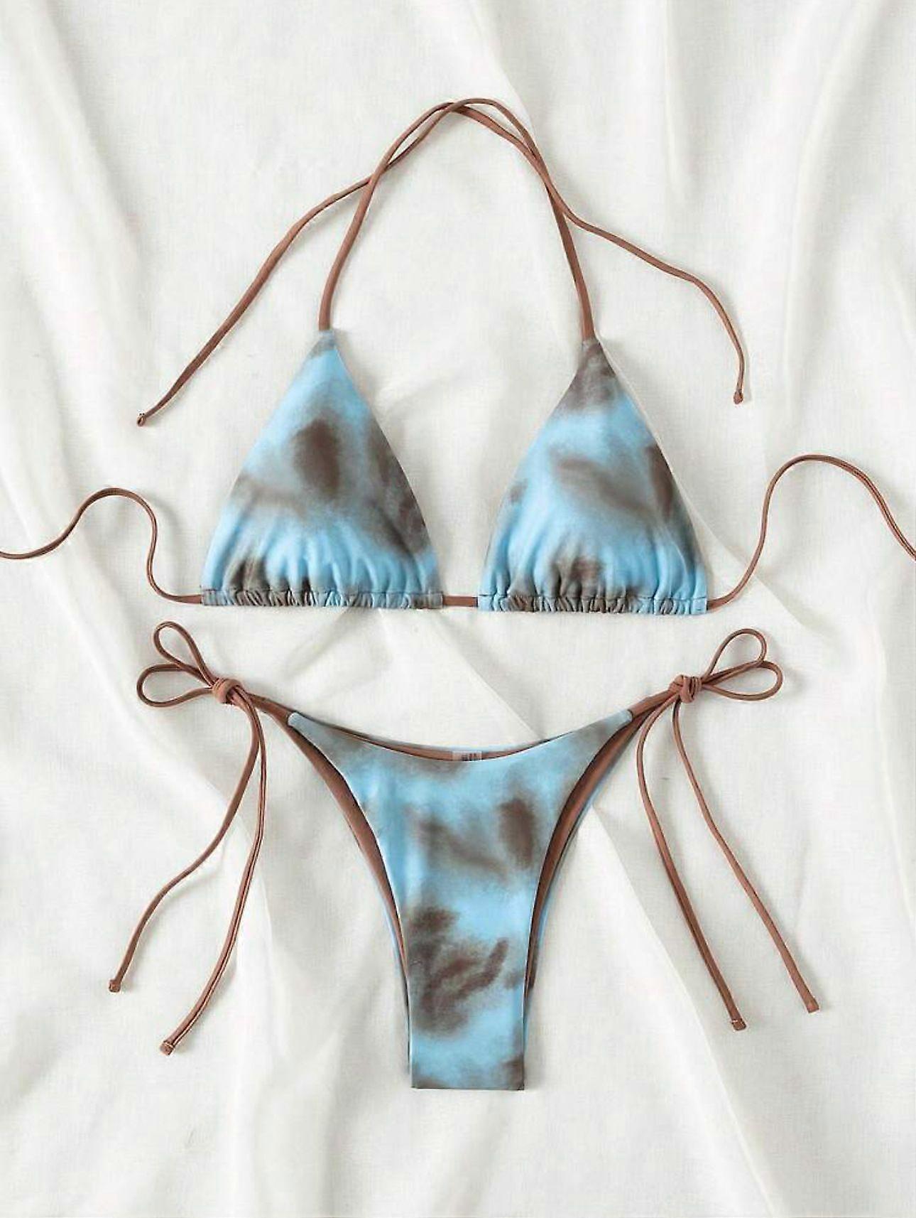 Blue Brown Tie-Dye Triangle Bikini Set  Minimalist String Swimwear for Women