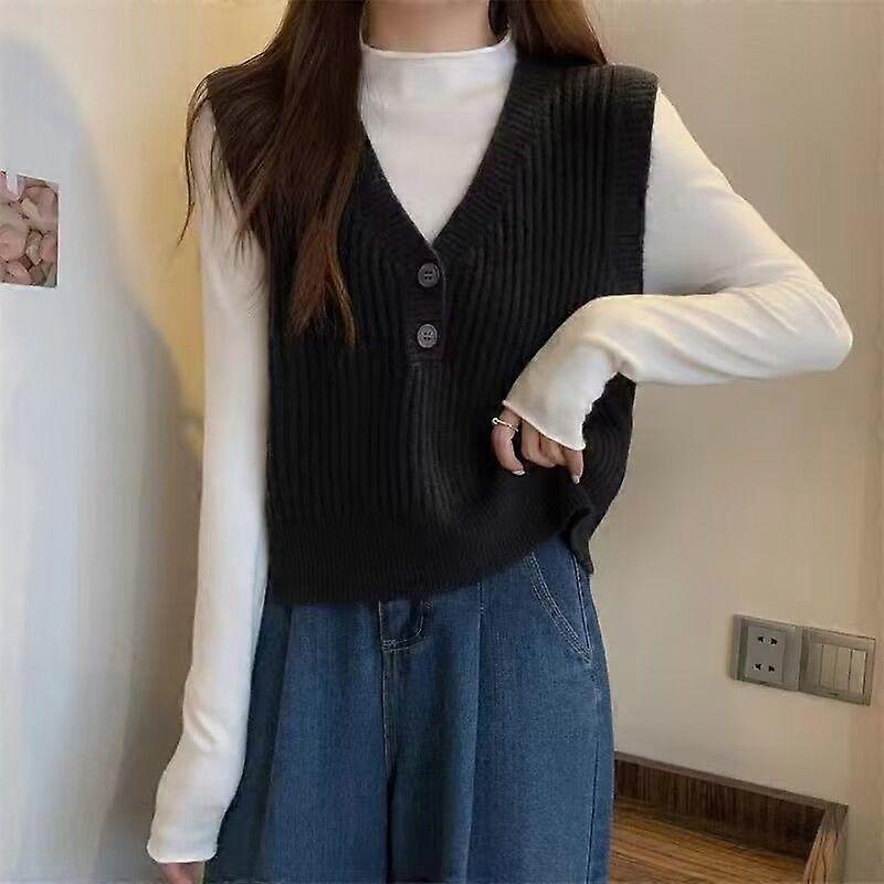 Short Knitted Vest for Women's Spring and Autumn Design Sleeveless V-neck Sweater Japanese Style Is Lazy and Retro