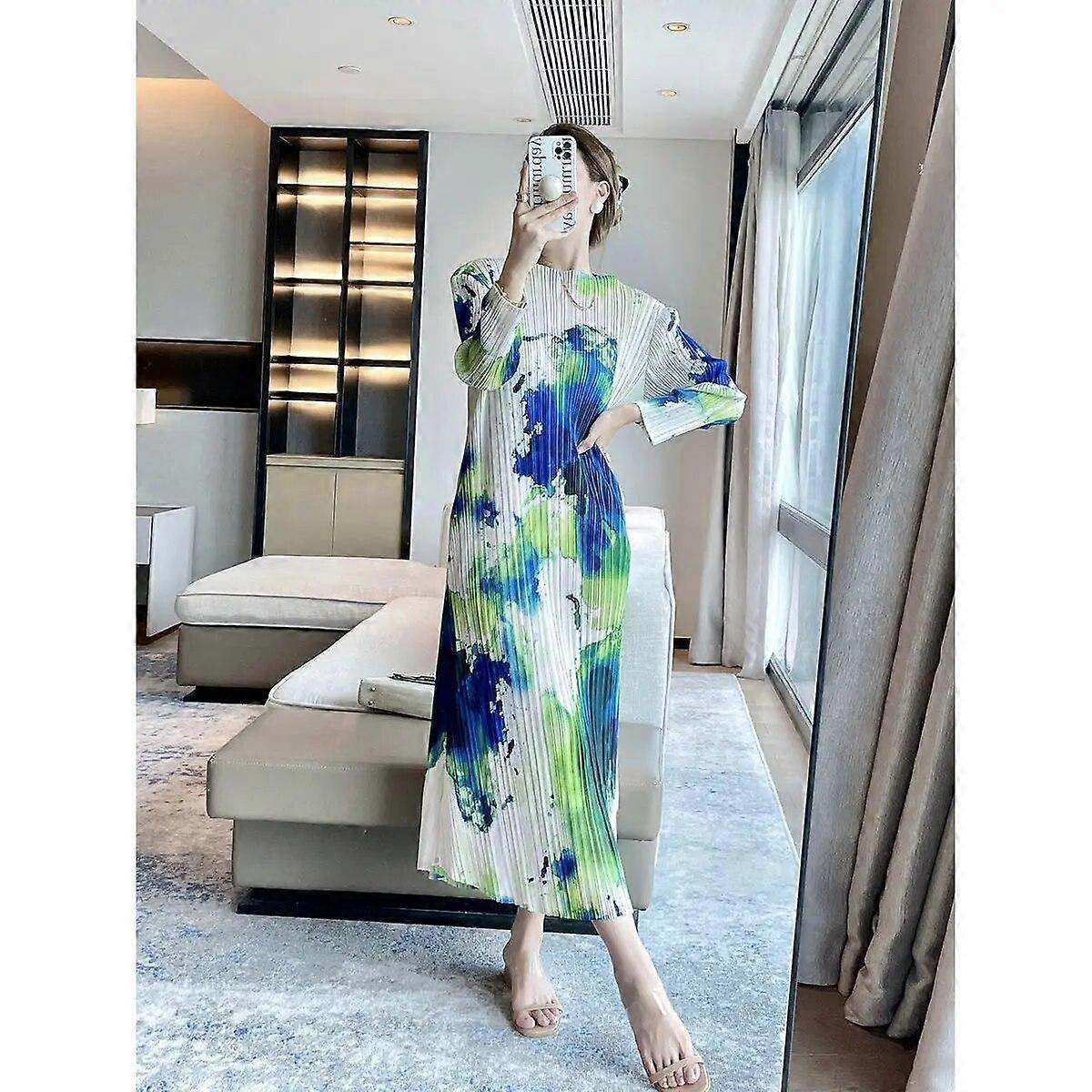 Wrinkled Spring New Ink Abstract Print Retro Dress with Elegant and Slimming Women's Style