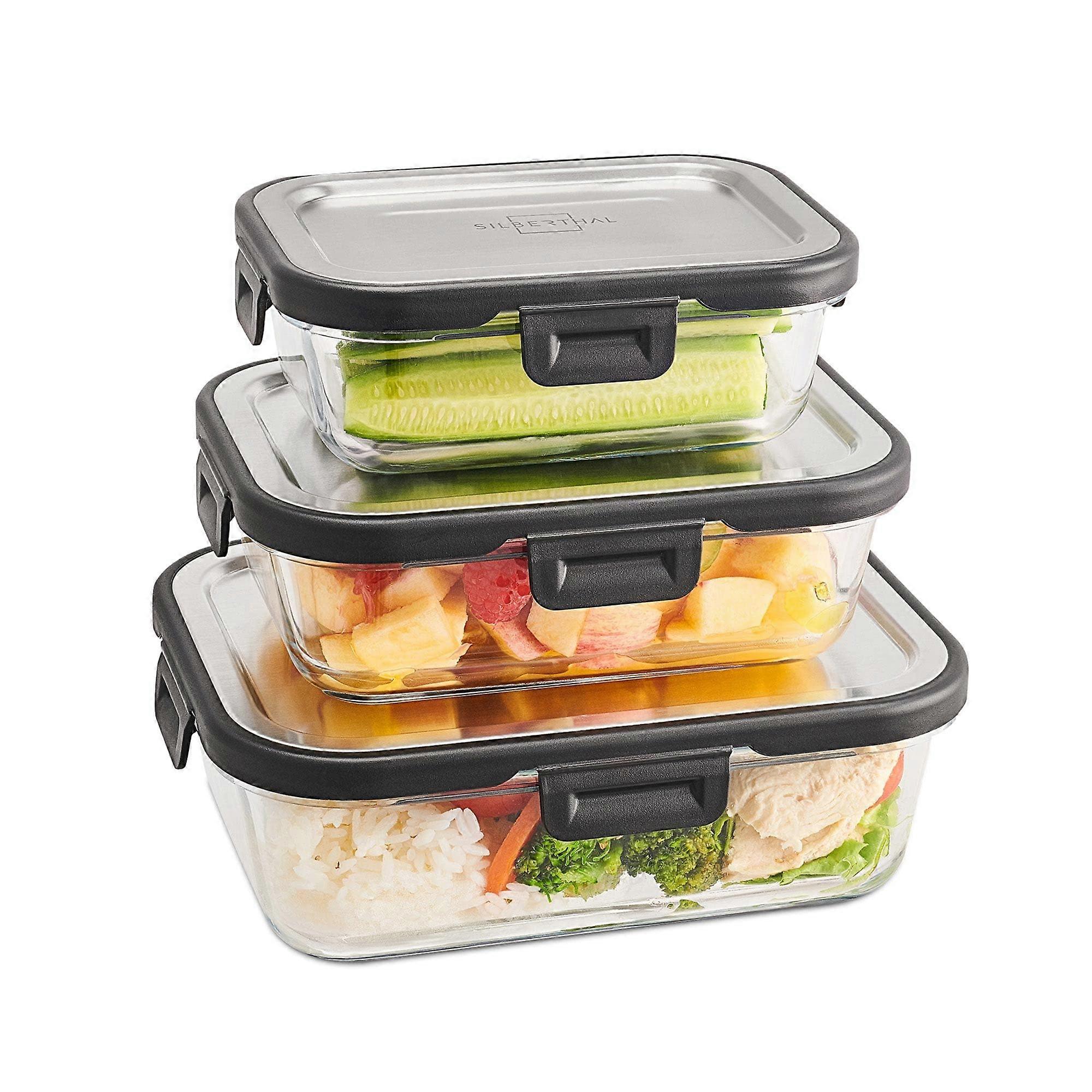 Food Storage Containers Set Glass with Stainless Steel Lid, Airtight, Set of 3, Sizes 1L, 600 ml and 400 ml 3 pieces (370, 640, 1040 ml)