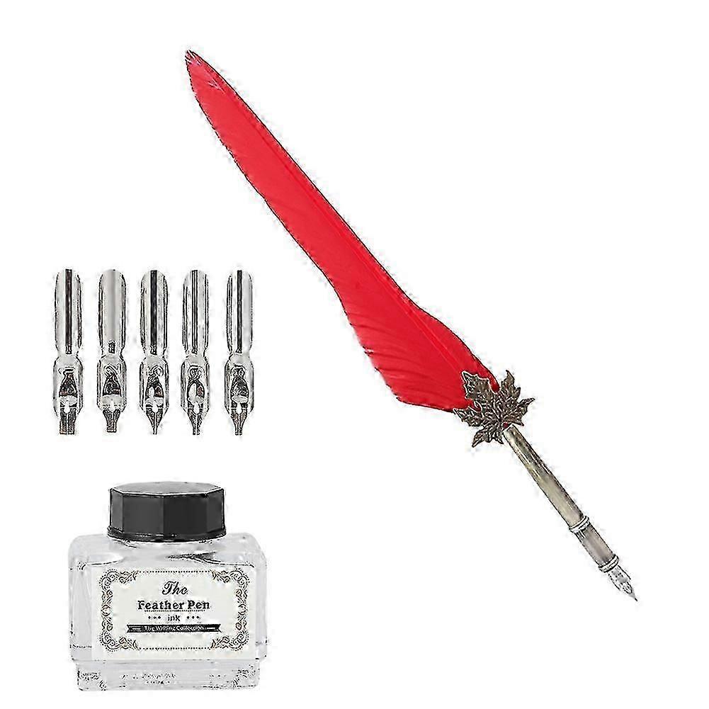 European Retro Quill Alloy Feather Writing Pen Nibs Gift Box Set for Friends Red