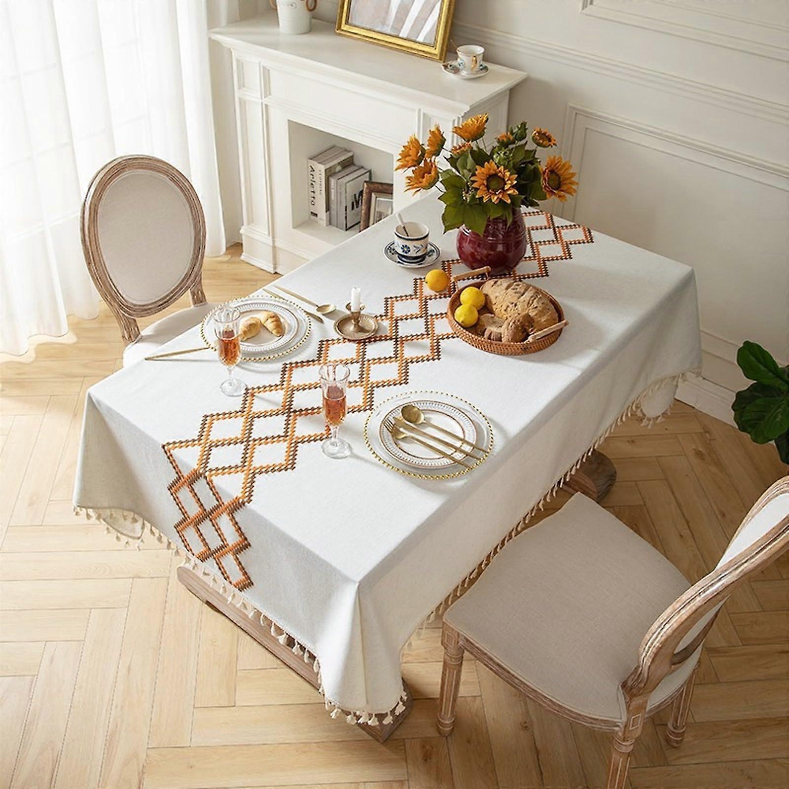 Cotton-Linen Tablecloth 100 x 160 cm Orange Rectangular Easy Care with Tassels for Dining Table and Kitchen Table Decoration