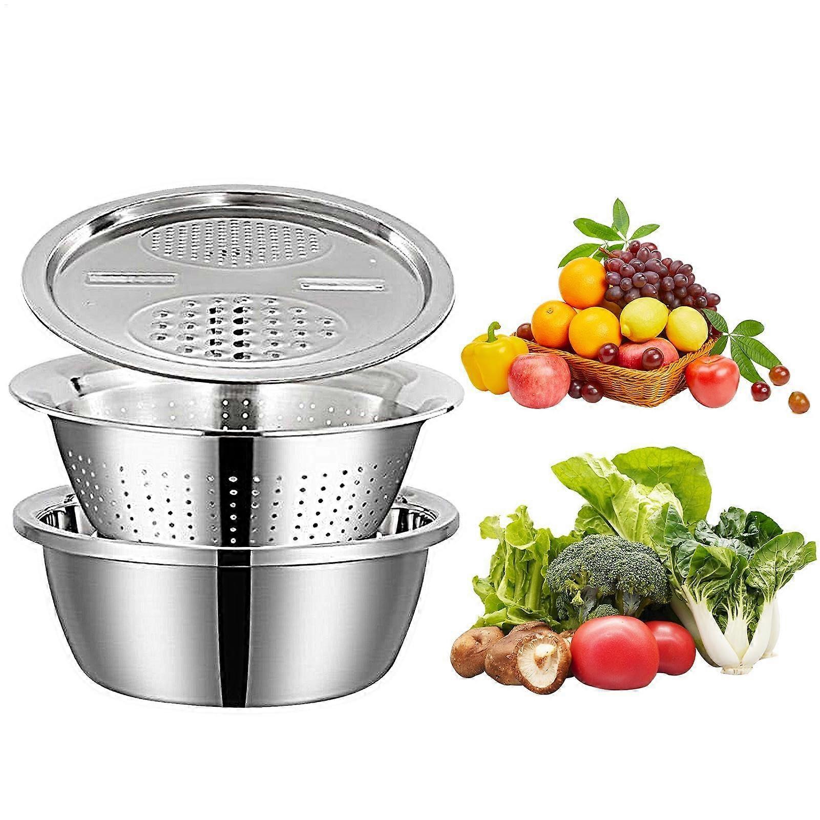 Stainless Steel Basin with Tyres, Colander Set with Strainer Bowl Slicer Basket Shredding and Drainage Basin for Mixing and Serving