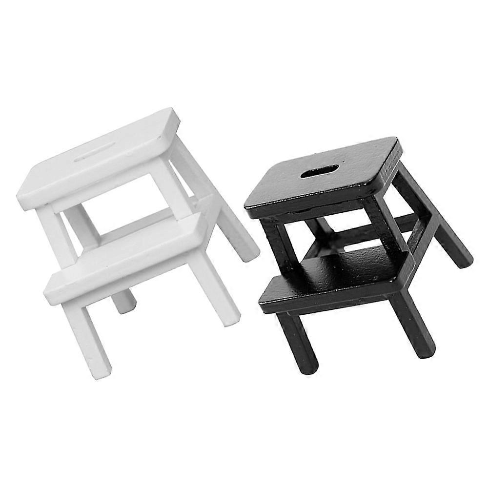 Miniature Wooden Step Stools for Dollhouse Decoration – Lightweight Craft Stools in White and Black for Bedroom Accessories (2pcs)
