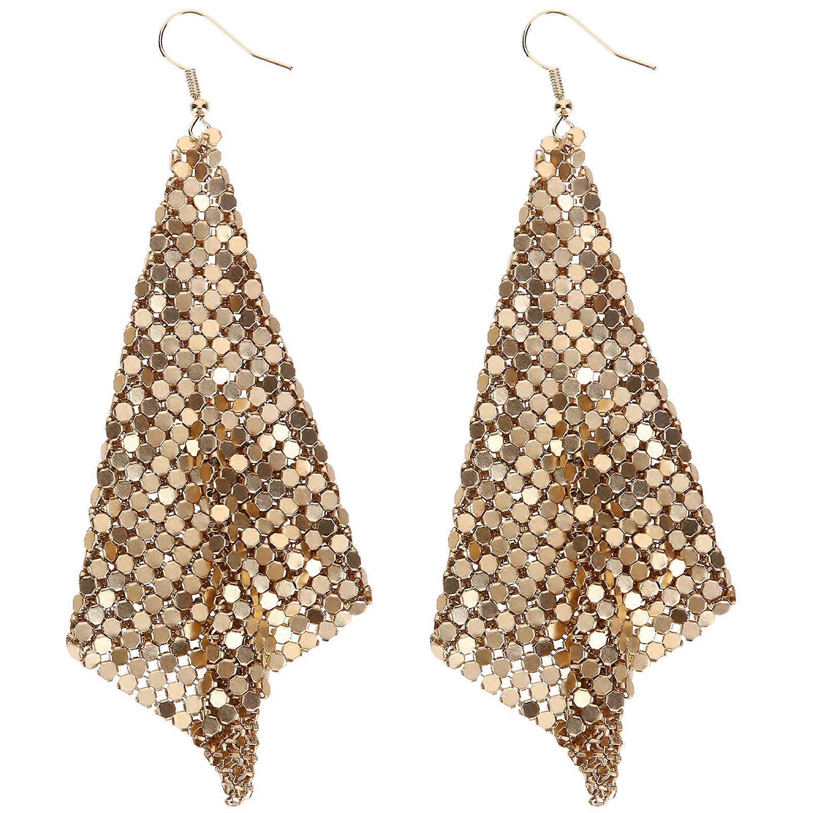 Golden Alloy Tassel Earrings for Women with Sparkling Mesh Grid Sequins Elegant Design 3.5 Inches