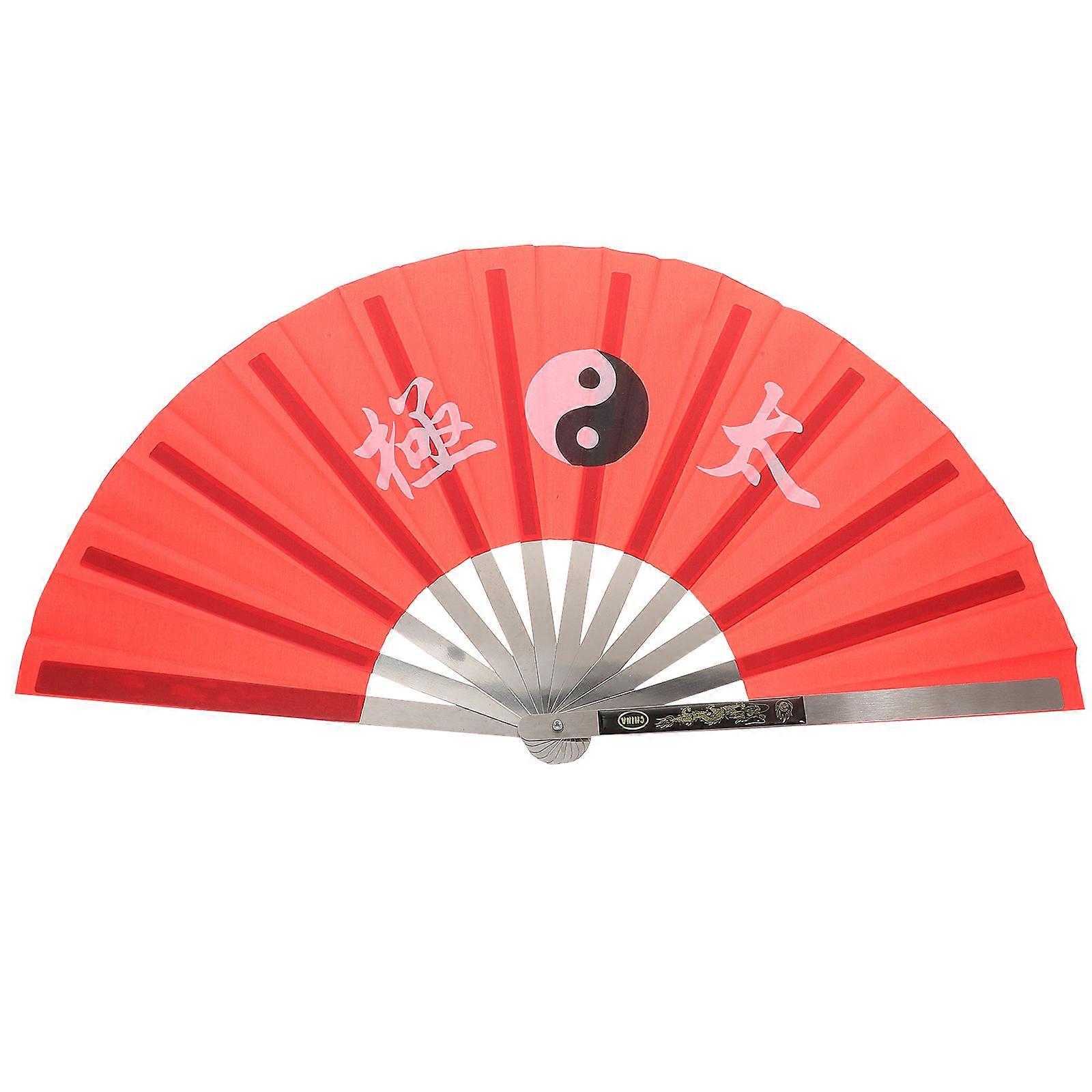 Folding Hand Fan for Performance with Stainless Steel and Cloth Red Color Suitable for Dance and Martial Arts 9.5 Inches