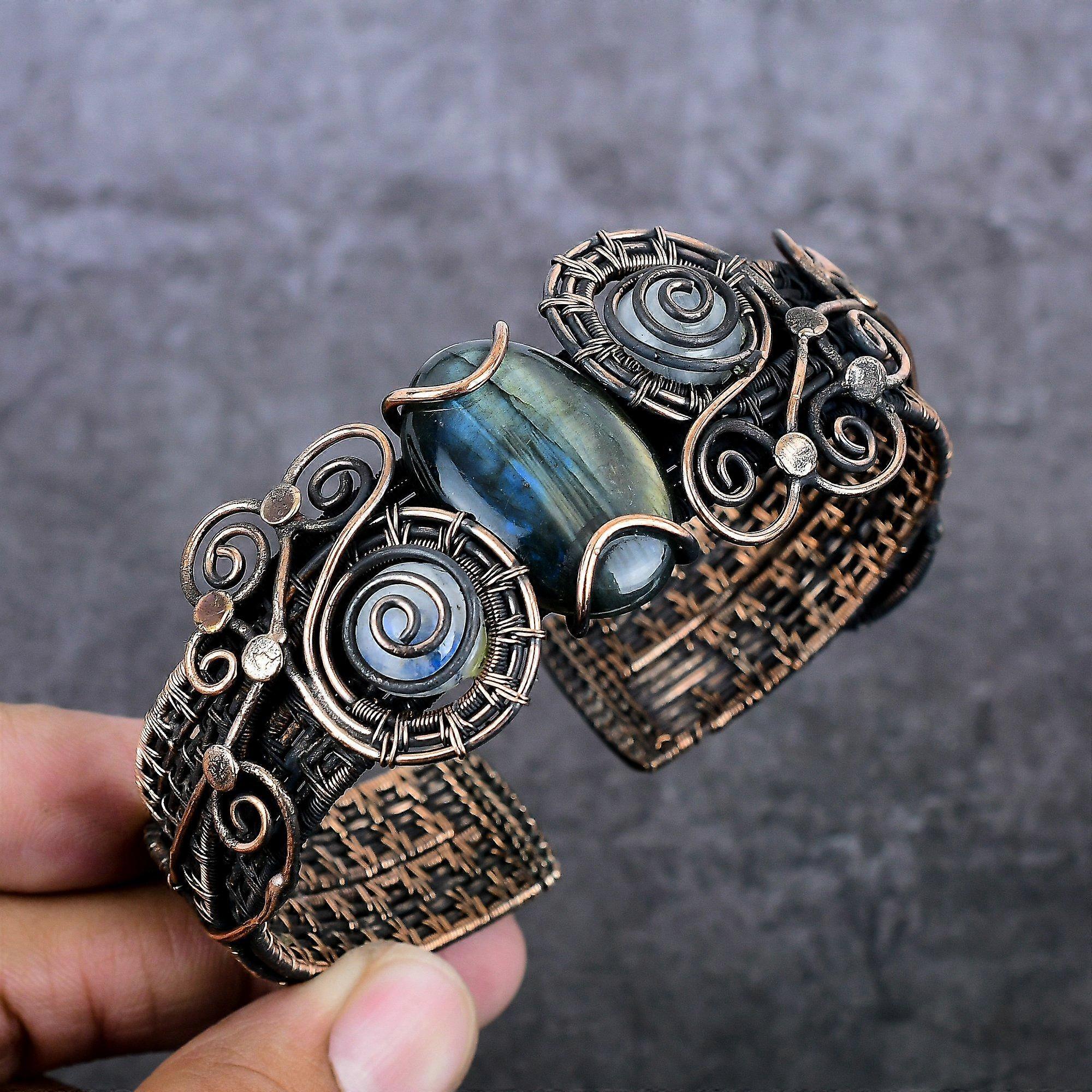 Natural Labradorite, Moonstone Copper Wire Wrap Cuff Bangle Adjustable F4j79