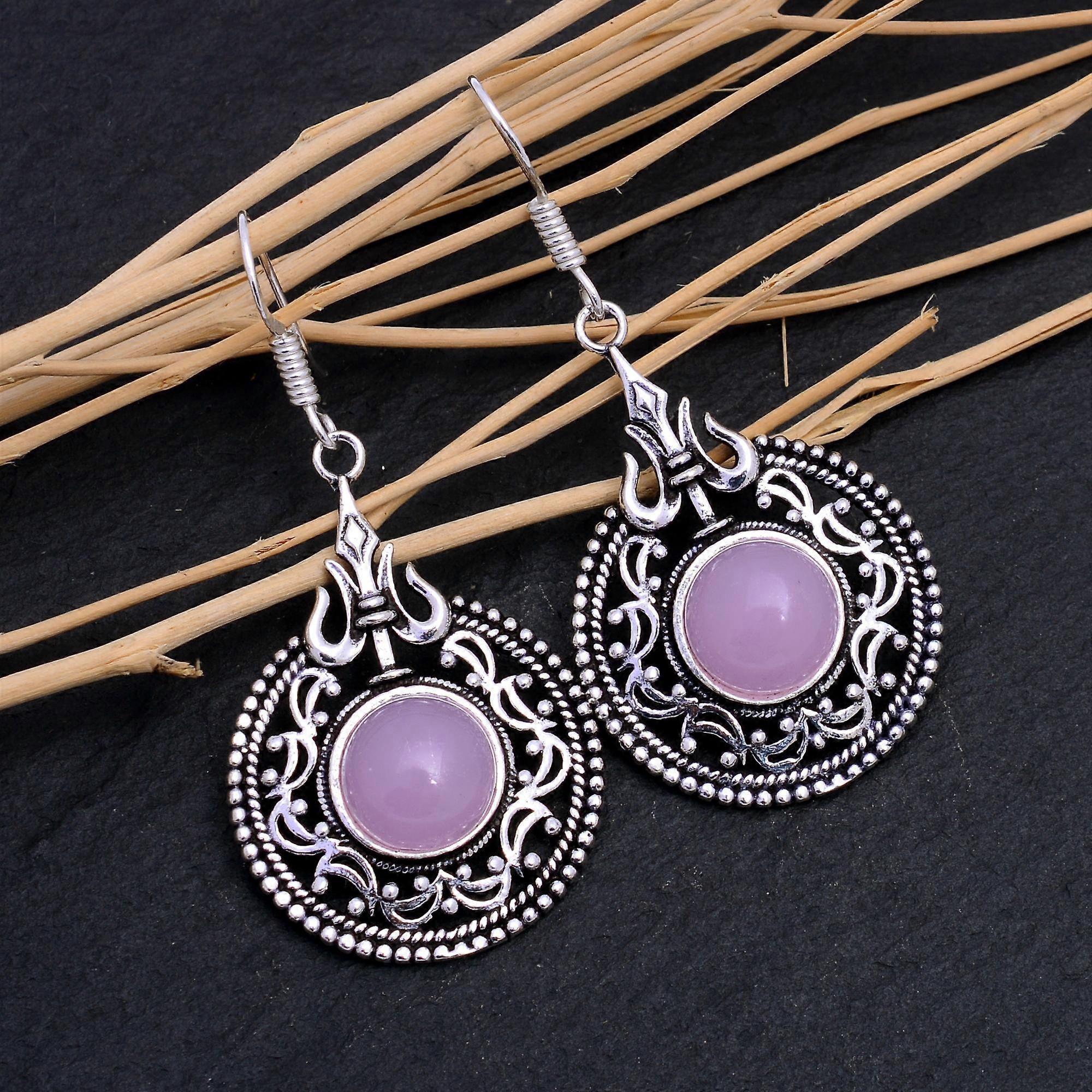 Natural Rose Quartz Gemstone Handmade 925 Sterling Silver Earring 2" R3D97