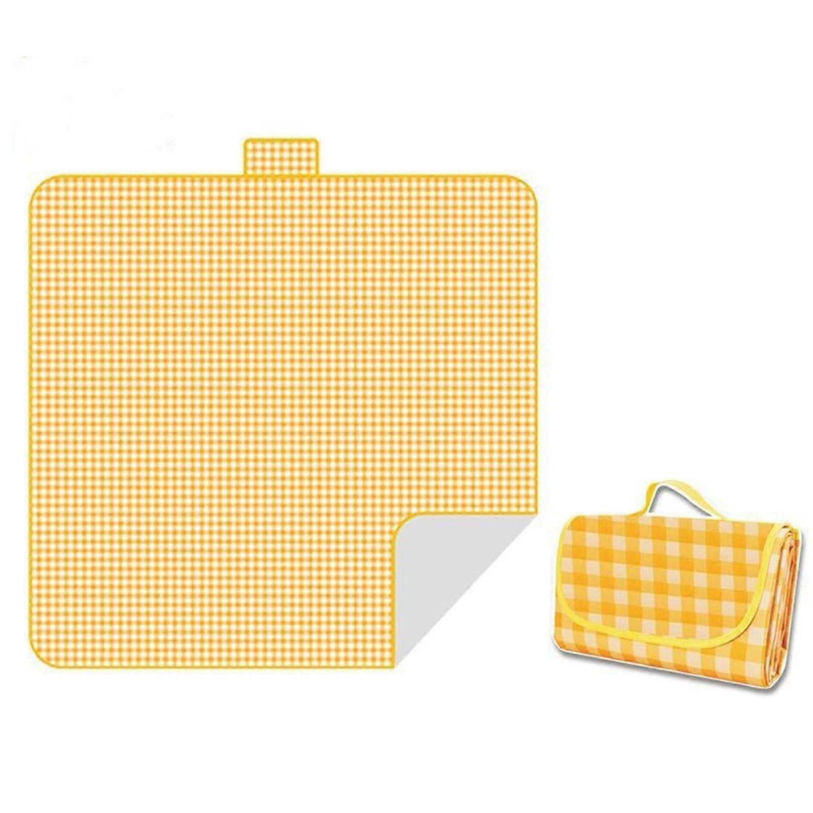 Extra Large Foldable Picnic Blankets Waterproof Sandproof With Tote For Camping Beach Travel Yellow Grid 60x80
